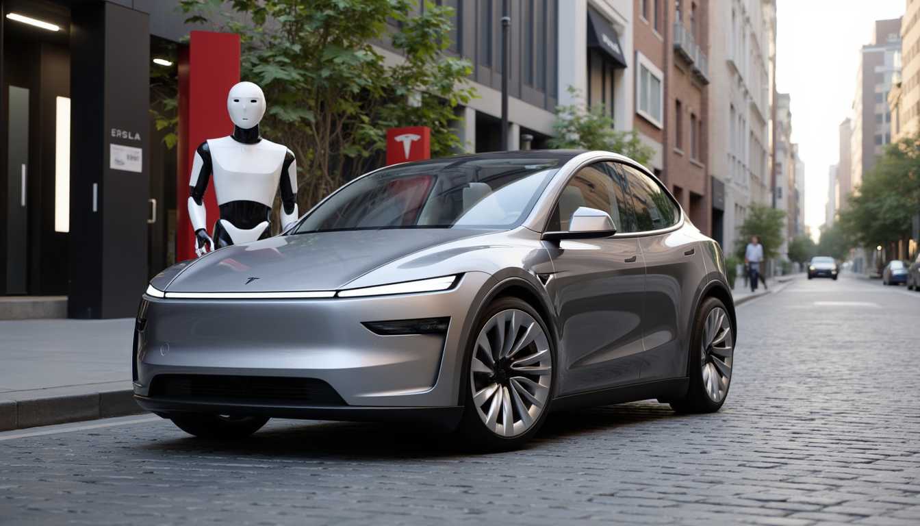 T3SLAMDLYJNP3R parked on a city street with a Tesla Optimus humanoid robot standing next to it