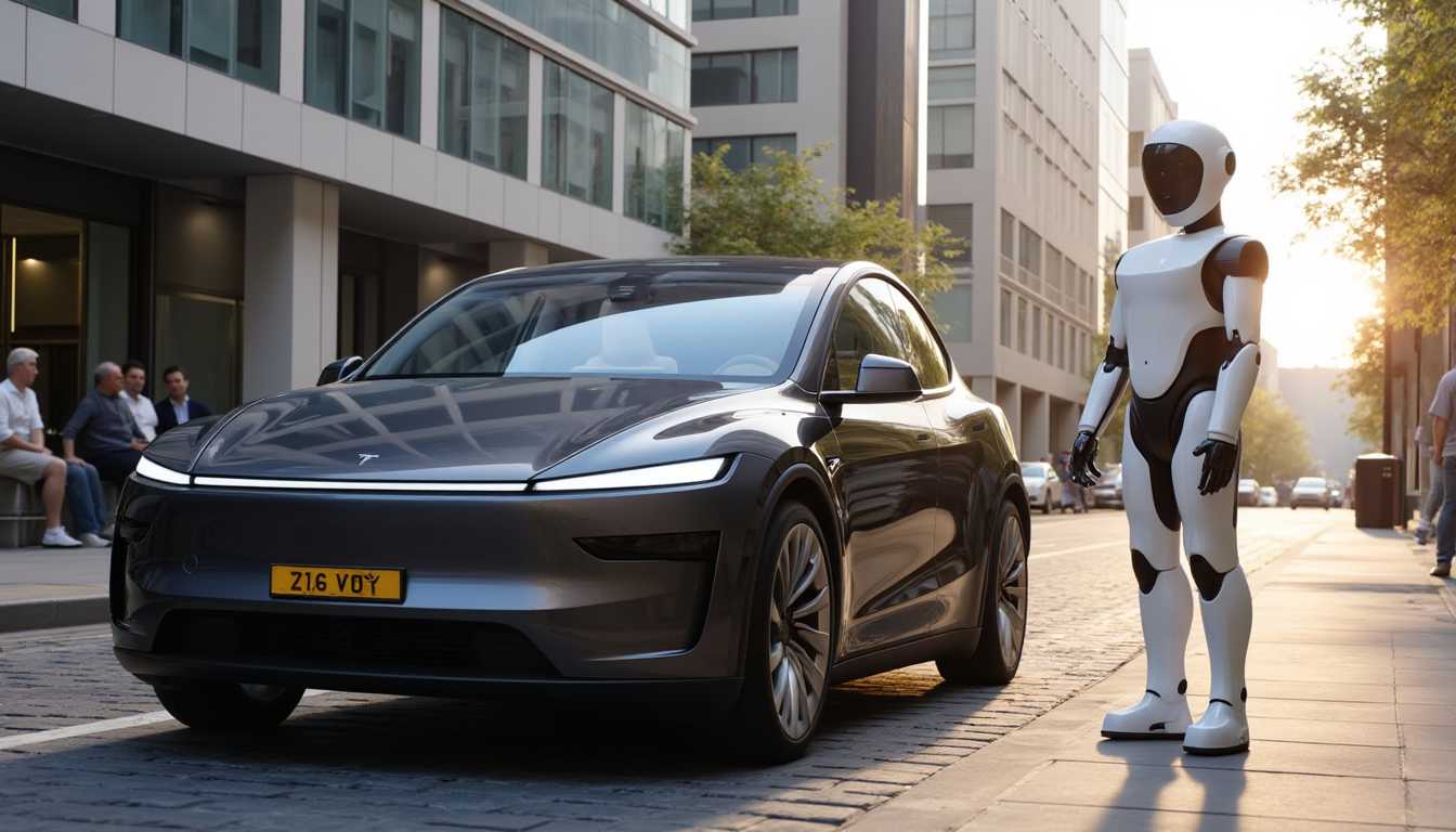 T3SLAMDLYJNP3R parked on a city street with a Tesla Optimus humanoid robot standing next to it
