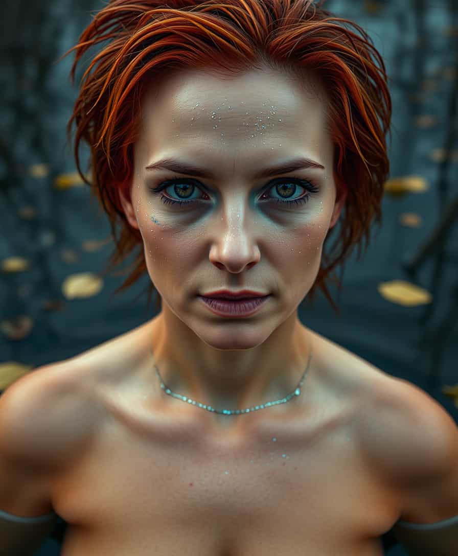 I_face_neutral, I_body_neutral, photo of a naked woman are standing in the water, striking contrast between cool blues and warm oranges across the features. Iridescent, glitter-like particles scattered over the skin, creating a cosmic effect. Piercing eyes with multicolored reflections, framed by dramatic lashes. Lips shimmering with holographic sheen. wet short red messy hair, wreath of grass on head, beautiful full breasts, detailed nipples, background swamp, golden autumn, leaves on the water, Slavic fairy tale style