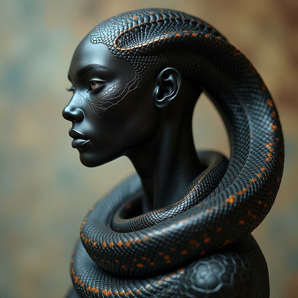 Hybrid Creature from ,black woman torso and face, and snake
