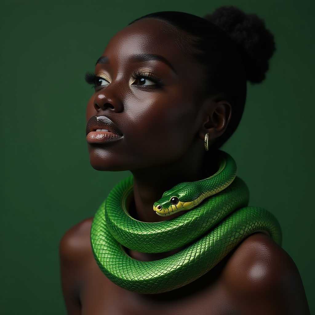 black woman, with shiney green snake arround neck like a necklace, the snake head is visible