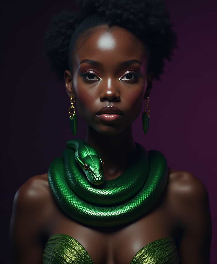 A photorealistic portrait of a beautiful black woman with glowing skin, the focal point being a shiny emerald-green snake coiled gracefully around her neck like an elegant necklace. The snake's head is positioned prominently near her collarbone, its sharp eyes glinting in the dim light. The dark purple background has a soft gradient that adds depth, while subtle lighting emphasizes the shimmer of both the woman’s skin and the snake’s scales.  
