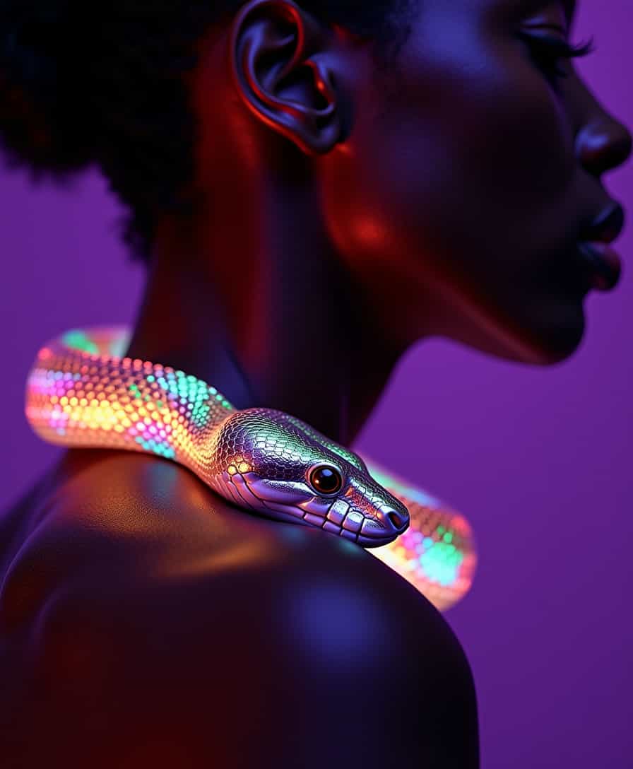 A close-up, photorealistic shot of a black woman, her neck encircled by a radiant colorfull snake with intricate, shiny scales. The snake's head rests delicately on her shoulder, its glossy body reflecting the soft studio lighting. The dark purple background is subtly backlit, creating a glowing aura that complements the ethereal quality of the scene.  
