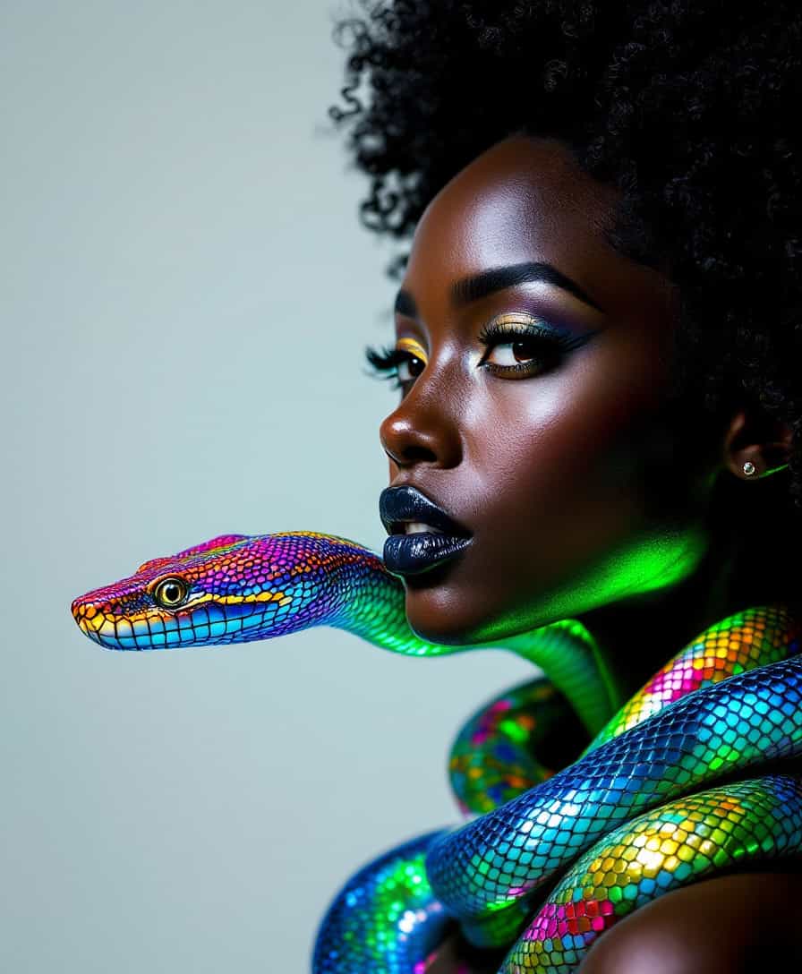 A stunning, high-contrast portrait of a **confident black woman** with **smooth, flawless skin** and **piercing eyes**, her **neck encircled by a radiant, colorful snake** whose **intricate, shiny scales** catch the light in a mesmerizing display. The snake's **head is prominently featured at her throat**, its **scales reflecting the cool, diffused studio lights** creating a **dynamic interplay of light and shadow**. 

- **Visual Details:** The woman's **hair is styled in a voluminous afro, with individual curls defined by the light**, enhancing her **bold, empowered expression**. Her **eyes are lined with a subtle, shimmering gold**, complementing the **snake's scales** that shimmer in hues of **emerald, sapphire, and ruby**. 

- **Style:** The image is captured in the style of **surrealistic portraiture**, reminiscent of **Salvador Dalí**, where the **realistic rendering of the subject** blends with the **fantastical element** of the snake, creating a **surreal, dreamlike quality**. 

- **Composition:** The **woman is framed in a **three-quarter view**, her **face slightly turned** to highlight the **snake's head**, with the **camera angle slightly below** to enhance her **dominance and power**. The **background** is a **deep, rich purple**, providing a **contrasting backdrop** that allows the **vibrant colors of the snake** to stand out.

- **Mood and Atmosphere:** The **studio lighting** creates **textured shadows** that accentuate the **woman's sensual, powerful aura**, evoking a **mood of mystery and allure**. The **time of day is simulated as evening**, with the **background suggesting a twilight ambiance**.

- **Technical Aspects:** Shot with a **high-resolution camera** to capture the **intricate details** of the snake's scales and the **texture of the woman's skin**. The **lighting setup includes soft boxes** to diffuse light, providing **soft shadows and highlights** that enhance the **depth and drama** of the scene.

- **Cohesion:** The **vibrant snake**, the **rich purple background**, and the **woman's confident posture** all combine to create a **unified, compelling scene** where **fantasy and reality** seamlessly blend, evoking a **sense of timeless, otherworldly beauty**.
