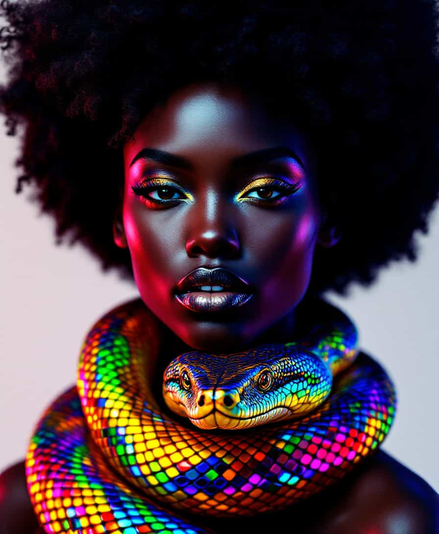 A stunning, high-contrast portrait of a **confident black woman** with **smooth, flawless skin** and **piercing eyes**, her **neck encircled by a radiant, colorful snake** whose **intricate, shiny scales** catch the light in a mesmerizing display. The snake's **head is prominently featured at her throat**, its **scales reflecting the cool, diffused studio lights** creating a **dynamic interplay of light and shadow**. 

- **Visual Details:** The woman's **hair is styled in a voluminous afro, with individual curls defined by the light**, enhancing her **bold, empowered expression**. Her **eyes are lined with a subtle, shimmering gold**, complementing the **snake's scales** that shimmer in hues of **emerald, sapphire, and ruby**. 

- **Style:** The image is captured in the style of **surrealistic portraiture**, reminiscent of **Salvador Dalí**, where the **realistic rendering of the subject** blends with the **fantastical element** of the snake, creating a **surreal, dreamlike quality**. 

- **Composition:** The **woman is framed in a **three-quarter view**, her **face slightly turned** to highlight the **snake's head**, with the **camera angle slightly below** to enhance her **dominance and power**. The **background** is a **deep, rich purple**, providing a **contrasting backdrop** that allows the **vibrant colors of the snake** to stand out.

- **Mood and Atmosphere:** The **studio lighting** creates **textured shadows** that accentuate the **woman's sensual, powerful aura**, evoking a **mood of mystery and allure**. The **time of day is simulated as evening**, with the **background suggesting a twilight ambiance**.

- **Technical Aspects:** Shot with a **high-resolution camera** to capture the **intricate details** of the snake's scales and the **texture of the woman's skin**. The **lighting setup includes soft boxes** to diffuse light, providing **soft shadows and highlights** that enhance the **depth and drama** of the scene.

- **Cohesion:** The **vibrant snake**, the **rich purple background**, and the **woman's confident posture** all combine to create a **unified, compelling scene** where **fantasy and reality** seamlessly blend, evoking a **sense of timeless, otherworldly beauty**.