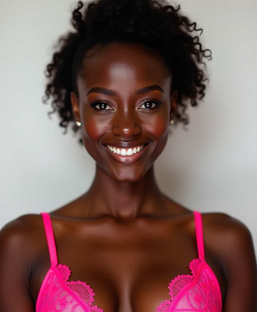 A full-face portrait of a radiant black woman wearing neon pink lace lingerie straps visible on her shoulders. Her glowing complexion is beautifully lit by a ring light, with circular reflections shimmering in her bright eyes. The neutral white backdrop of the modern photo studio enhances the focus on her flawless skin, confident expression, and striking choice of color.  













