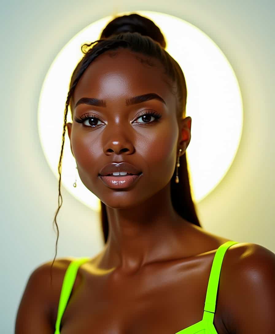 A high-resolution full-face portrait of a black woman wearing lime-green lingerie straps on her shoulders, complemented by her radiant complexion. The ring light creates a glowing halo effect around her face and adds depth with reflective highlights in her eyes. The clean white backdrop ensures an ultra-modern and polished look.  
 















