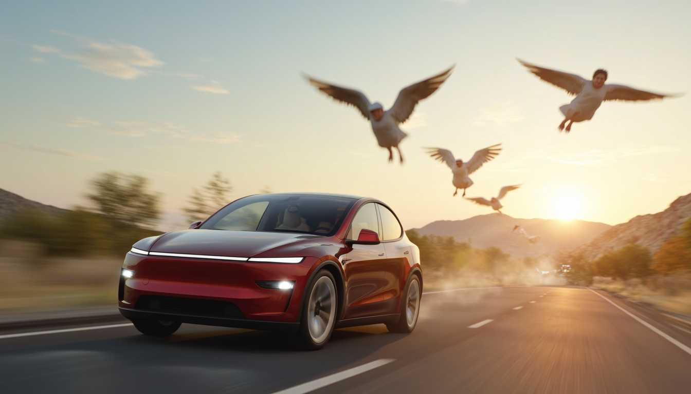 T3SLAMDLYJNP3R, a tesla model y juniper driving with angels flying over head.