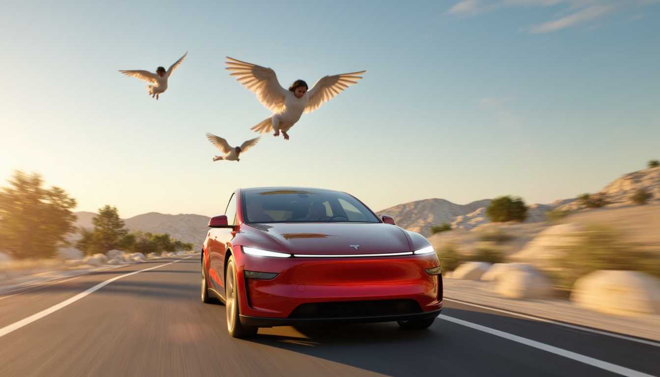 T3SLAMDLYJNP3R, a tesla model y juniper driving with angels flying over head.