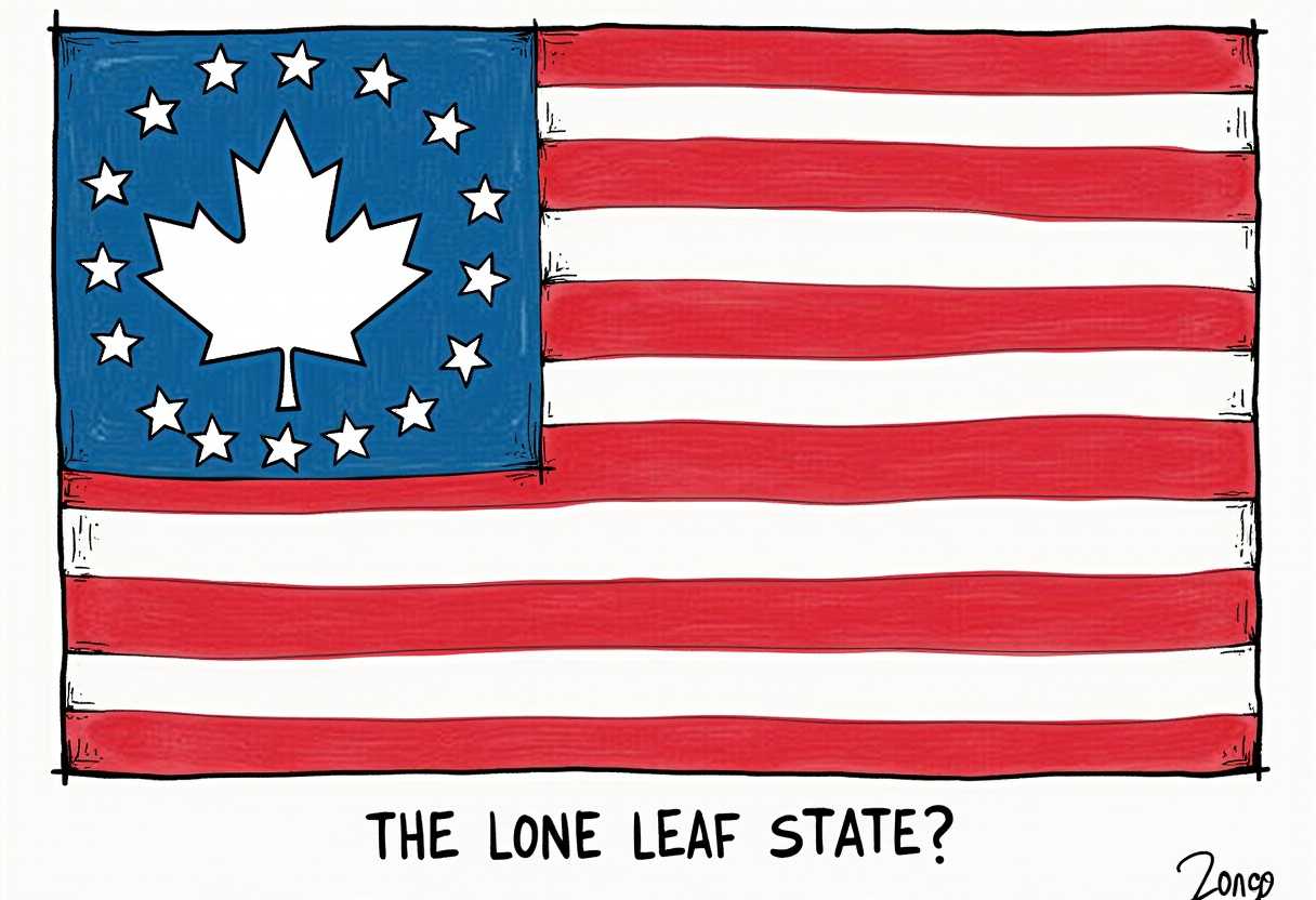 This image is a digital illustration that appears to be a political cartoon. The art style is bold and simplistic, with a clear, clean line that gives the image a modern and straightforward look. The medium seems to be a digital painting or drawing, as indicated by the crisp edges and the lack of texture that one might expect from a traditional medium like paper and ink.The colors are primarily red, white, and blue, which are the traditional colors of the American flag. The red stripes are thick and evenly spaced, while the white stripes are narrower. The blue field is also divided into two sections the top half is a solid blue, and the bottom half is a lighter blue with a pattern of white stars. The stars are uniformly spaced and of a consistent size, giving the blue field a starry night sky appearance.In the center of the image, there is a white maple leaf superimposed on the blue field. The maple leaf is a symbol commonly associated with Canada, and its placement on the American flag is likely intended to be a humorous or satirical statement. The maple leaf is a bit smaller than the stars, and it is placed in the lower left quadrant of the blue field, which is the position of the first star in the top left corner of the American flag.At the bottom of the image, there is a caption in a casual, handwritten font that reads THE LONE LEAF STATE?. This caption is likely intended to be a pun or a joke, playing on the phrase Lone Star State, which is the nickname for Texas in the United States. The question mark at the end of the caption suggests that the artist is leaving the interpretation up to the viewer.Overall, the image is a satirical take on the American flag, using the maple leaf to make a playful reference to Canada, and the caption to prompt the viewer to consider the implications of this alteration. The art style and the use of color and objects are clear and direct, making the message of the cartoon easily understood.