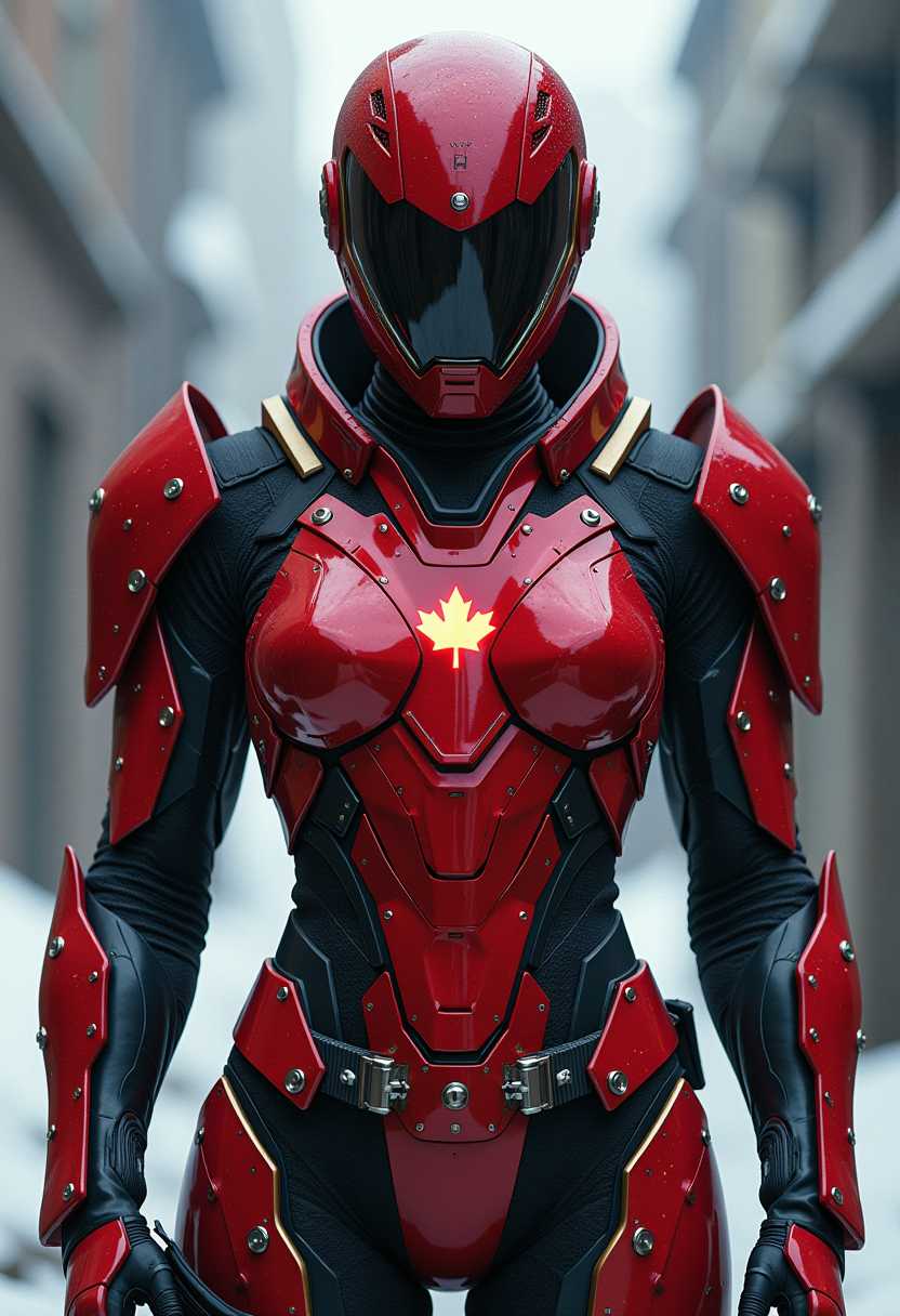This image features a figure clad in a striking red and black armored suit with a futuristic design. The suit is adorned with a prominent emblem of a red maple leaf, which is a symbol often associated with Canada. The helmet is sleek and angular, with a glossy black visor that reflects light, giving the figure a mysterious and formidable presence.The art style of the image is highdefinition and realistic, with attention to fine details such as the texture of the armor plating and the reflective quality of the visor. The medium appears to be a digital rendering, given the smooth gradients and lack of brush strokes or other traditional painting artifacts.The colors in the image are bold and vibrant, with the reds and blacks creating a visually striking contrast. The reds range from a bright, almost fluorescent hue to a deeper, maroon tone, while the blacks are deep and shadowy, providing a sense of depth and dimension. The metallic accents on the armor, such as the gold trim and the silver buckles on the belt, add a touch of sophistication and highlight the contours of the suit.The objects in the image are primarily the armored figure and the environment that surrounds them. The figure stands confidently, with one hand resting on their hip and the other hanging loosely at their side. The background is blurred but suggests a cold, possibly industrial setting with elements that could be part of a larger structure or machinery. The focus of the image is on the figure and their suit, with the background serving to emphasize the figures prominence and the suits design.