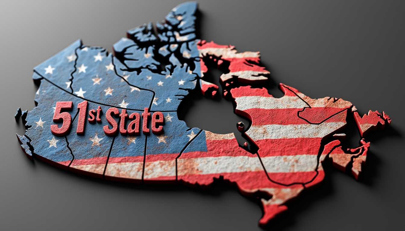 create a 3d map of Canada with US flag with the words "51st State" printed in the map in hard red letters