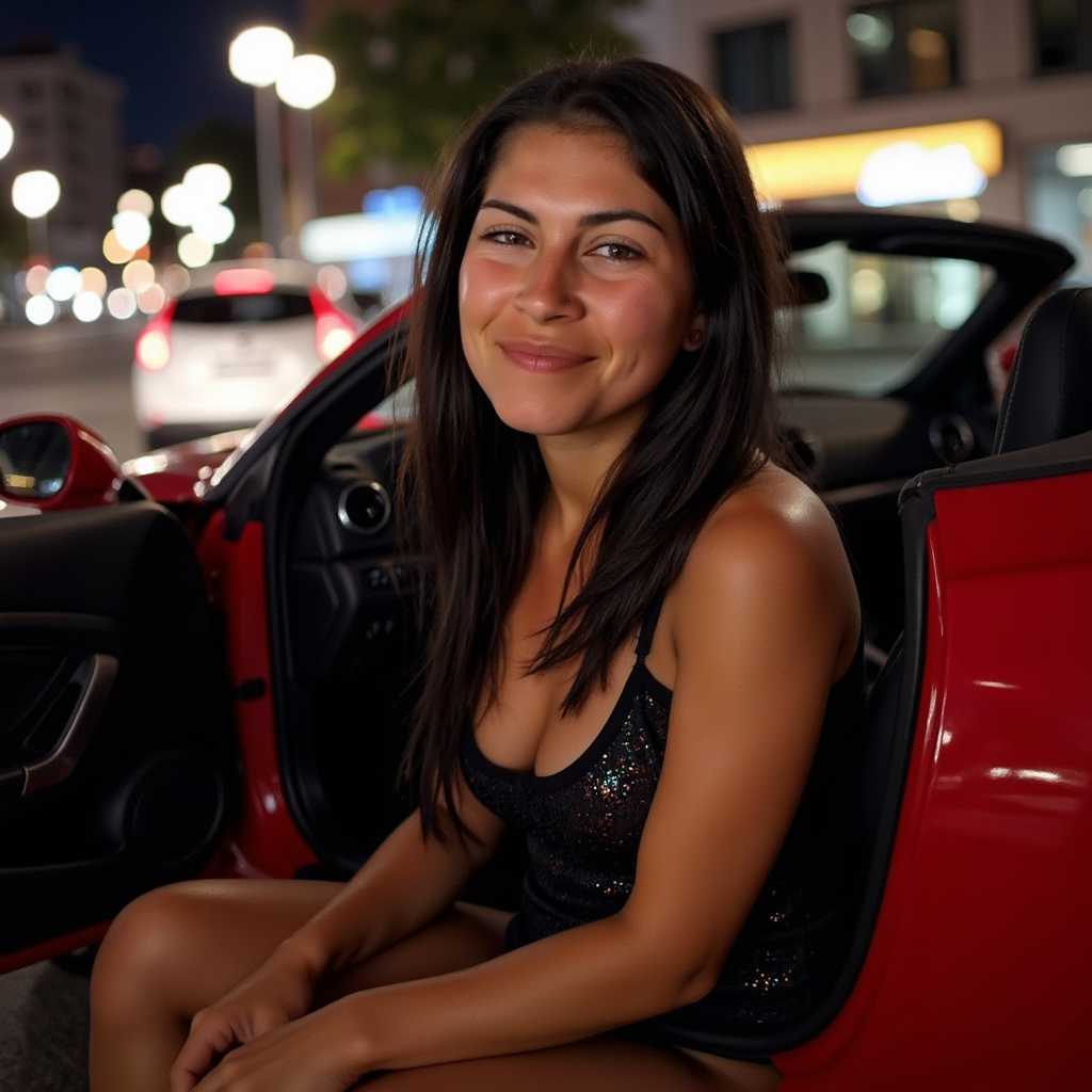 Photo of My Wifey,RAW distance (full body) Photo of beautiful skinny young female student in elegant tight and short black party dress with glitter get out of red Ferrari cabriolet , very long messy black hair, thick body, busty chest, medium waist, high heels, intrinsic detailed skin texture, skin pores, light freckles, clear ice blue eyes, detailed iris texture, 
soft lightning, Italian city background at night, bokeh, film grain, analog camera, wide angle, 24 mm