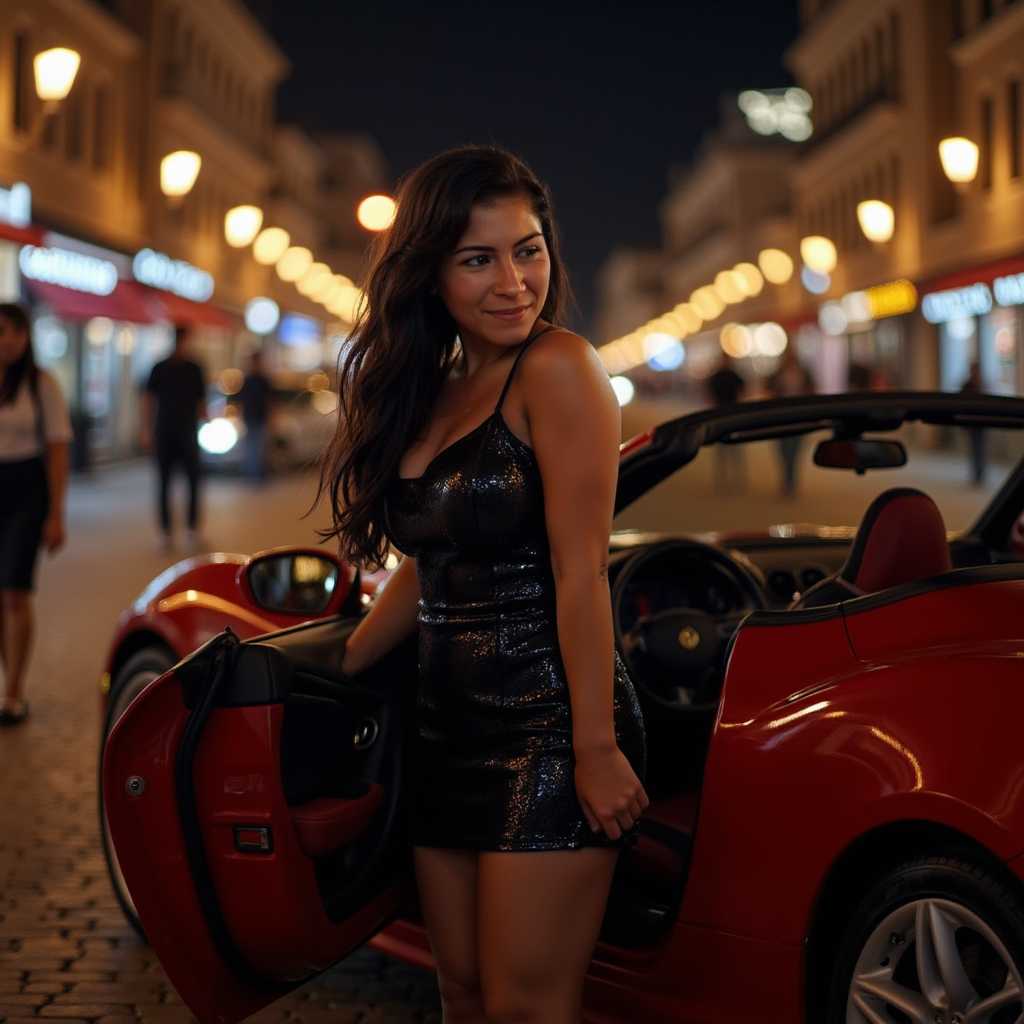 Create an **image** of a **young, elegant female student** exiting a **red Ferrari cabriolet**:

- **Subject**: A **busty, slender female** with **very long, messy black hair** that cascades in soft, voluminous waves. Her **skin** is smooth with **intrinsic details** like **light freckles** and **skin pores**, complemented by **clear ice blue eyes** with **detailed iris textures**.
  
- **Attire**: She wears a **tight, short black party dress** adorned with **glitter**, which accentuates her **medium waist** and **busty chest**. Her **high heels** complete the sophisticated look.

- **Lighting and Atmosphere**: The scene is bathed in **soft, low-key lighting** with **bokeh** effects, enhancing the romantic, mysterious mood of an **Italian city at night**. The ambiance includes **film grain** for an **analog camera feel**, adding depth and nostalgia.

- **Photography Style**: The shot should be taken with a **wide-angle lens** at **24mm** to capture the **full body** and the surrounding environment, giving a sense of space and grandeur.

- **Composition**: The female is positioned at the center, stepping out of the car, with the Ferrari's sleek lines and the cityscape framing her. The camera angle should emphasize her height and elegance, possibly from a low angle.

- **Environment**: The background features an **Italian cityscape at night** with **soft street lights**, creating a **moody** yet **glamorous** scene. The cobblestone streets, historic architecture, and distant nightlife provide a rich, textured backdrop.

- **Technical Aspects**: Utilize **RAW distance** for **full body** capture, ensuring **clarity** in skin details, **contrast** in the lighting, and a **dynamic range** that captures the essence of the night. 

- **Mood and Atmosphere**: The **time of day** is **night**, with **soft street lights** creating an intimate, **romantic atmosphere**, while the **bokeh** and **film grain** evoke a **timeless**, **vintage** feel.