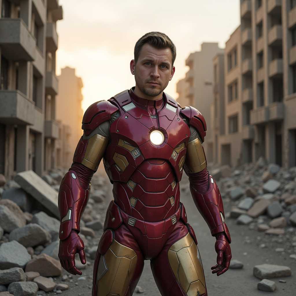 Phot of Devin Me, Create an ultra-high-resolution, hyper-realistic portrait , dressed in a sleek, battle-worn Iron Man suit without helmet, standing amidst the ruins of a once-thriving city. The **visual details** should include:

- **Textures**: The suit should exhibit intricate metallic textures with visible wear, scratches, and battle damage, reflecting the harsh conditions of the environment.
- **Colors**: Dominated by the iconic red and gold of the Iron Man armor, with shades of gray and brown from the surrounding debris.
- **Lighting**: Use dramatic lighting with the sun setting behind, casting long shadows and highlighting the reflective surfaces of the suit, creating an interplay of light and dark that accentuates the post-apocalyptic mood.

**Style**: 
- Capture the essence of hyper-realism, focusing on photorealistic details to blur the line between reality and digital art. Emulate the dramatic intensity seen in films like "The Day After Tomorrow" or "Mad Max: Fury Road".

**Composition**: 
- **Subject Positioning**: Devin Me, in full Iron Man attire, should be posed dynamically, perhaps mid-stride or turning to face the camera, showcasing the suit's mobility and the character's resilience.
- **Camera Angle**: Utilize a low camera angle to emphasize the power and imposing presence of the Iron Man suit, making Devin appear larger than life against the backdrop of destruction.
- **Framing**: Frame the shot to include the vast expanse of the devastated cityscape, with buildings in various states of collapse, providing depth and context to the scene.

**Mood and Atmosphere**: 
- **Time of Day**: Late afternoon, with the sun low in the sky, casting long shadows and illuminating the scene with an orange glow.
- **Weather Conditions**: Partially cloudy with dust and smoke in the air, adding to the post-apocalyptic vibe.
- **Ambiance**: The air should feel heavy with the weight of destruction, yet there's a glimmer of hope or defiance in Devin's stance, suggesting a fight for survival or rebuilding.

**Technical Aspects**: 
- **Photography Terms**: Utilize techniques like chiaroscuro for dramatic lighting contrasts, depth of field to focus on Devin while background elements blur, and motion blur for any moving parts of the suit or surrounding debris.
- **Artistic Elements**: Employ techniques like digital painting for the sky and atmospheric effects, ensuring the background elements are less detailed to focus attention on the central figure.

This scene should evoke a sense of resilience, highlighting Devin Me's character as a beacon of hope in a
