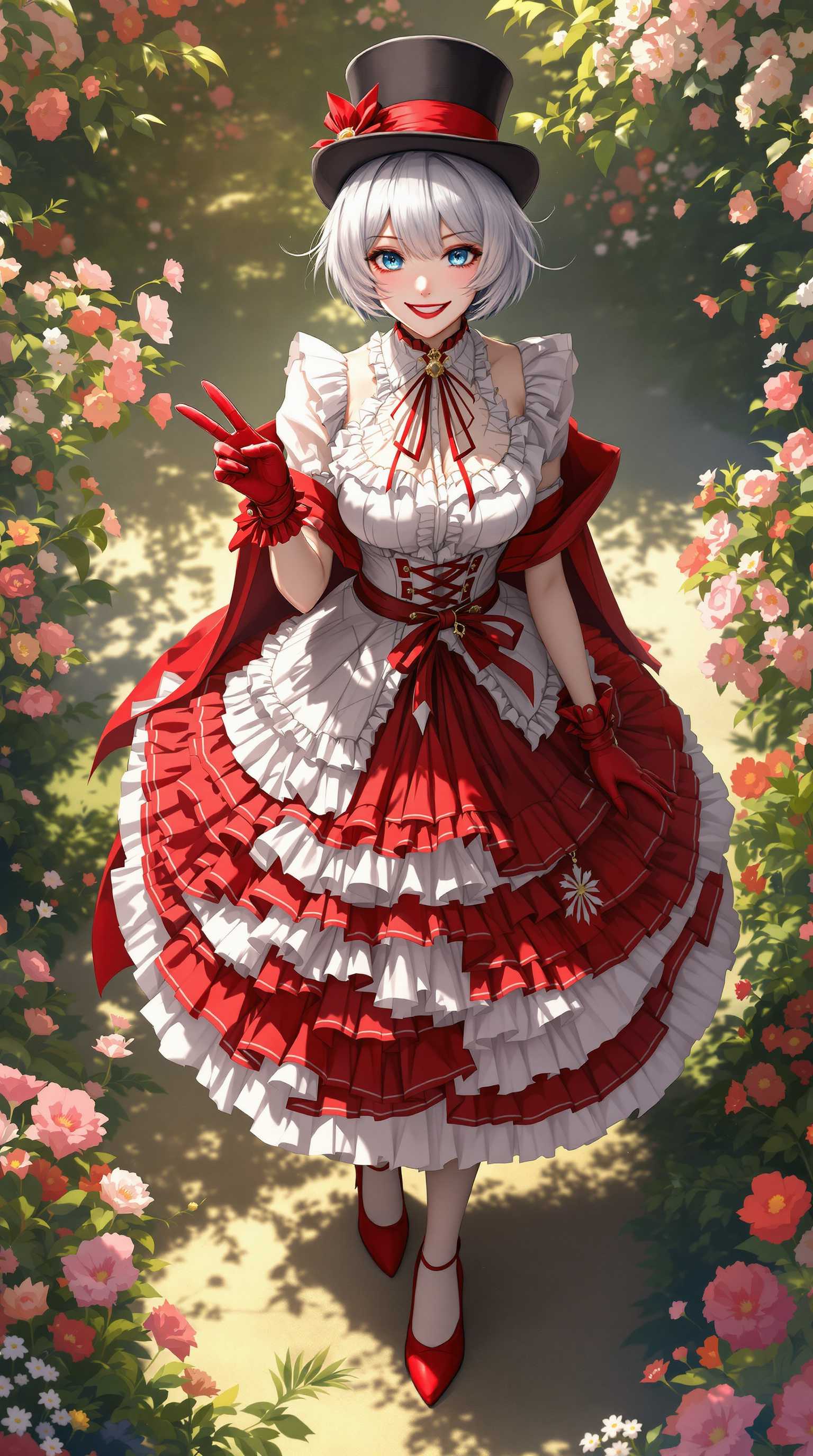 A detailed portrait of a young woman with short, **silver hair** styled with **sidelocks**, showcasing **blue eyes** that sparkle with mirth. She has a **small chest** with **wide hips** and a **slim waist**, standing in a **gothic lolita fashion** ensemble:

- **Outfit**: A **white and red frilled blouse** with a **white and red frilled, multilayered skirt** that cascades down, creating a dynamic texture. She wears **red elbow gloves**, **red high heels**, and a **tuxedo jacket** draped casually over her shoulders. A **top hat** sits jauntily on her head.

- **Expression and Pose**: She stands in a **radiant sunlit garden**, looking directly at the viewer with a **happy, grinning smile** and making a **peace sign**. The **view from above** captures her from a slightly elevated angle, enhancing the sense of looking down at her.

- **Lighting and Atmosphere**: The **sun casts a warm glow** over the scene, highlighting the intricate details of her outfit. The garden setting provides a serene backdrop with lush greenery and blooming flowers, contributing to a **joyful and playful atmosphere**.

- **Artistic Style**: Capture the scene in a **hyper-detailed, realistic style** with a touch of **fantasy**, reminiscent of **Victorian fashion illustrations** but with a modern twist in the character's playful demeanor.

- **Composition**: The subject is centered, with her pose and accessories creating visual interest. The garden elements frame her, guiding the viewer's eye towards her cheerful expression and the intricate details of her outfit.