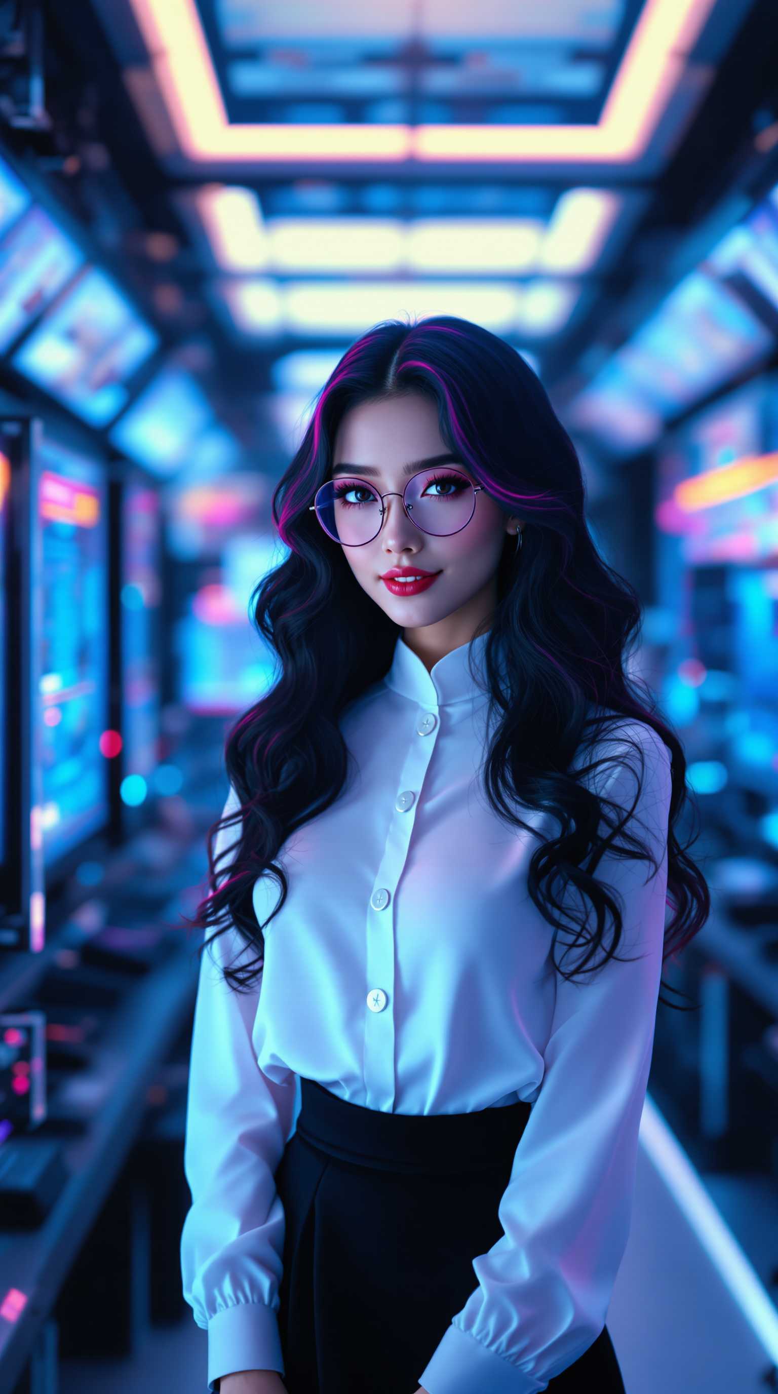 **Visual Concept:** A young woman with a slim, elegant silhouette stands poised in a high-tech computer room. 

**Subject Description:** She is dressed in a **white high-neck buttoned blouse** with a **long, flowing black skirt** that gently drapes around her slim hips. Her **long, wavy black hair** cascades down her back, highlighted with streaks of pink and purple, reflecting off the ambient light from the screens. She wears **glasses**, enhancing her intellectual allure, her face adorned with heavy makeup, including dramatic eyeliner and mascara, accentuating her large, expressive eyes and a small, smiling mouth. Her skin is smooth, with a fair complexion, exuding a timeless beauty.

**Setting:** The environment is a **computer room** filled with **consoles, screens, and electronics**, creating a futuristic and high-tech atmosphere. The screens cast a soft, bluish glow that contrasts with the woman's attire, adding depth and a cyberpunk feel to the scene.

**Artistic Style:** The image should be rendered in **beautiful digital art**, with an emphasis on **hyper-realism**. The style should mimic the **masterpiece quality** of a **1024k UHD wallpaper**, showcasing ultra-high resolution detail.

**Composition:** She stands in the center, slightly turned towards the camera, her posture conveying confidence and curiosity. The camera angle is at eye level, capturing her interaction with the technology around her, with the screens providing a backdrop that frames her figure.

**Lighting:** Use **low-key lighting** with a focus on the screens' glow to illuminate her face and hair, creating dramatic shadows and highlights that accentuate her features and the texture of her clothes.

**Mood and Atmosphere:** The scene should evoke a sense of **intrigue** and **sophistication**, blending the elegance of the woman with the advanced technology surrounding her, suggesting a narrative of a brilliant mind in a futuristic setting.

**Technical Aspects:** Employ **depth of field** to keep the woman in sharp focus while the background blurs slightly, emphasizing her as the focal point. Use **color grading** to enhance the contrast between her dark attire and the vibrant, cool tones of the technology.