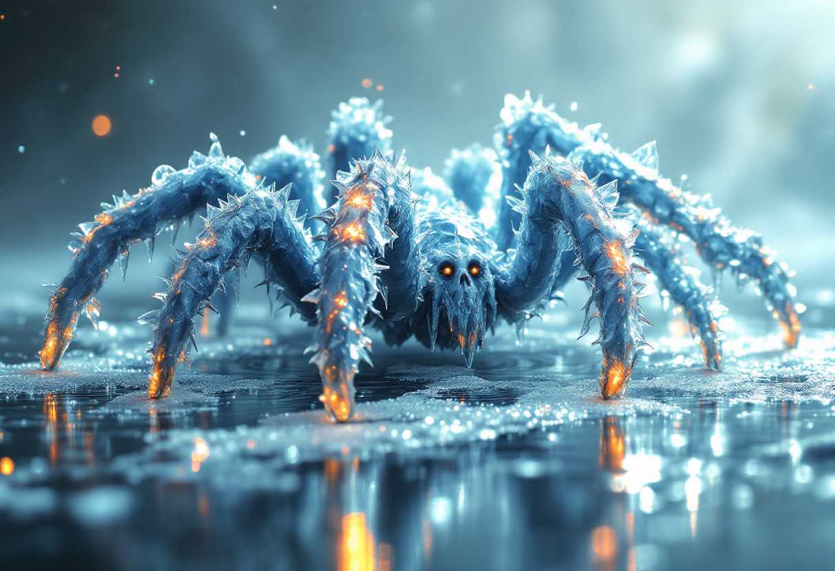 beautiful aesthetic, intricate, a tarantula made of ice, covered in icicles, walking on water, its steps freezes the water, magical aura, fantasy art, peaceful, high fantasy style, mysterious, celestial light, ethereal, painterly, epic, majestic, magical, fantasy art, cover art, sparkling ice, dramatic lighting