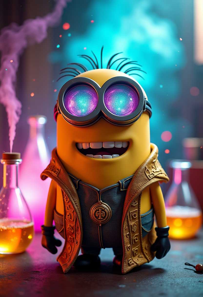 A yellow Minion alchemist exuding pure awesomeness, captured up close in a bold fisheye perspective that amplifies his confident swagger. His gleaming diamond Gr!llz take center stage, each gem sparkling like miniature prisms under dazzling light, creating a mesmerizing rainbow effect. The Minionâs iconic goggles, polished to perfection, reflect the vivid chaos of his alchemical workspaceâbubbling potions, glowing runes, and swirling magical vapors. Draped in intricately designed alchemist robes with embroidered golden patterns and a shimmering metallic sheen, he looks every bit the master of his craft. His pose radiates cool confidence as he leans into the frame, his wide, triumphant grin and sparkling Gr!llz dominating the composition. The fisheye distortion adds an epic dynamic to the scene, with the background warped into a whirlwind of glowing flasks, vibrant fumes, and radiant orbs of light. Bold, colorful lighting accentuates the Minionâs heroic aura, making this a legendary portrayal of an alchemist whoâs as cool as his Gr!llz are dazzling.<lora:Flux\LET ME SEE YOUR GRILLZ FLUX_Lora Gr!llz.safetensors:1.0:1.0>
