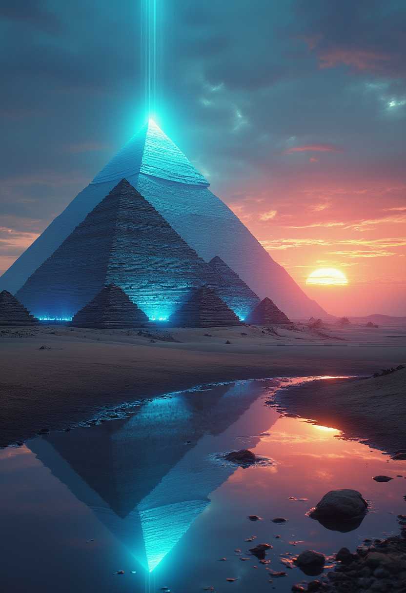 This image is a digital artwork that captures a fantastical and otherworldly scene. The art style is a blend of surrealism and science fiction, with a touch of mysticism, as it depicts ancient Egyptian pyramids infused with a luminescent, neonlike glow. The medium appears to be a digital painting, given the smooth gradients and seamless blending of colors.The colors in the image are rich and vibrant, with a spectrum that ranges from deep blues and purples to warm oranges and yellows. The sky is a canvas of twilight hues, with streaks of pink and orange that suggest the sun is either rising or setting. This contrasts with the cool, ethereal blue light that bathes the pyramids, creating a striking visual dichotomy.The objects in the image are the central focus, which are the pyramids. They are the largest and most prominent, with the smallest pyramids in the foreground and the largest in the background. The pyramids are detailed with what appears to be hieroglyphics or ancient markings, adding to their mystique. The glowing light emanating from the pyramids gives them a sense of power and magic.In the foreground, there is a reflective body of water, which mirrors the pyramids and the sky above. This creates a symmetrical effect, doubling the visual impact of the pyramids and enhancing the sense of depth in the scene. The water is calm, with gentle ripples and scattered rocks, which adds to the tranquility of the desert setting.The overall effect of the image is one of awe and wonder, as it combines elements of ancient history with futuristic or supernatural elements, creating a scene that is both familiar and alien. The interplay of light and shadow, color and form, gives the image a dynamic and almost pulsating energy, as if the pyramids are alive and pulsing with power.