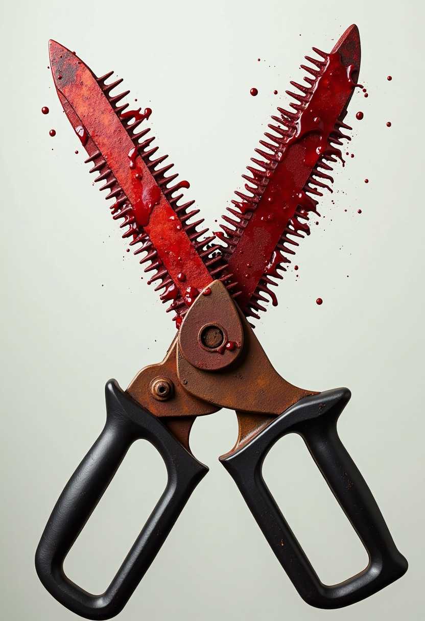 Create an image of a pair of rusty sisor hedge trimmers covered in blood. 