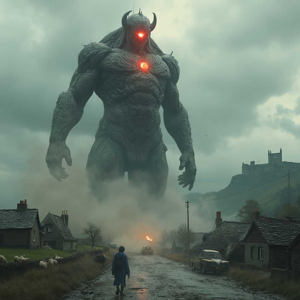 **Subject**: Balor, the mythical giant from Irish folklore, now in modern-day Ireland.  He has one glowing eye in the center of his forehead

**Scene**:An idyllic irish countyside, small farm houses, sheep in the pastures, an ancient castle in the background.

**Action**: Balor, towering over the farmland, his single, malevolent eye blazing with destructive energy, unleashes chaos. His presence causes structural damage, with cars flipping, buildings crumbling, and people fleeing in terror.

**Visual Details**:
- **Balor**: His skin is a rough, grey, almost stone-like texture, reminiscent of ancient statues, with intricate Celtic knotwork tattoos glowing with an otherworldly light. His one eye, a deep, fiery red, emits a beam of dark energy.

- **Atmosphere**: Overcast sky, with storm clouds gathering, adding a sense of impending doom. The air is filled with dust, debris, and the chaos of destruction.

**Art Style**: 
- **Photorealistic** with a touch of **fantasy** to blend myth with reality. The image should have a **cinematic quality**, with dramatic lighting and depth of field to focus on Balor's menacing figure.

**Composition**: 
- **Camera Angle**: Low angle shot from the street level, looking up at Balor, emphasizing his colossal size.
- **Framing**: Wide angle to capture the full scale of the destruction and the cityscape around him.

**Mood and Atmosphere**: 
- **Epic and Chaotic**: The scene is filled with a sense of urgency, fear, and awe, capturing the moment of a legendary figure's wrath upon a modern world.

**Technical Aspects**: 
- **Depth of Field**: Shallow to highlight Balor, with the background slightly blurred to focus on his destructive power.
- **Lighting**: High contrast with dramatic shadows cast by Balor's towering form, enhancing the dramatic and ominous mood.

**Cohesion**: The integration of Balor into the modern setting should feel both surreal and believable, with elements of Celtic myth seamlessly blending into the everyday life of contemporary Ireland.