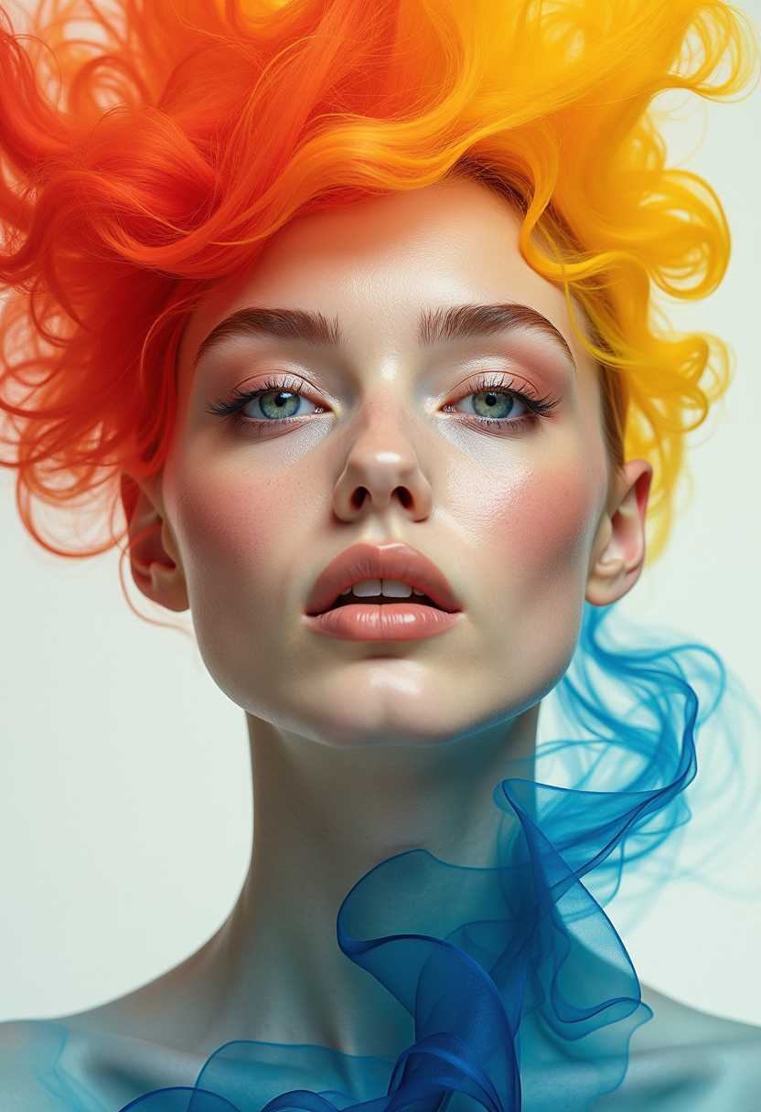 The highest artistic achievement, simple picture, harmonious color matching, surrealism, fantasy world, fantasy style, artistic close-up of female supermodel (((no makeup))) (((bald))), deep eyes, perfectly symmetrical beautiful face, the background is like smoke fireworks blooming, like smoke winding red transparent ink ribbon, yellow transparent ink ribbon, blue transparent ink ribbon, pure color matte background,