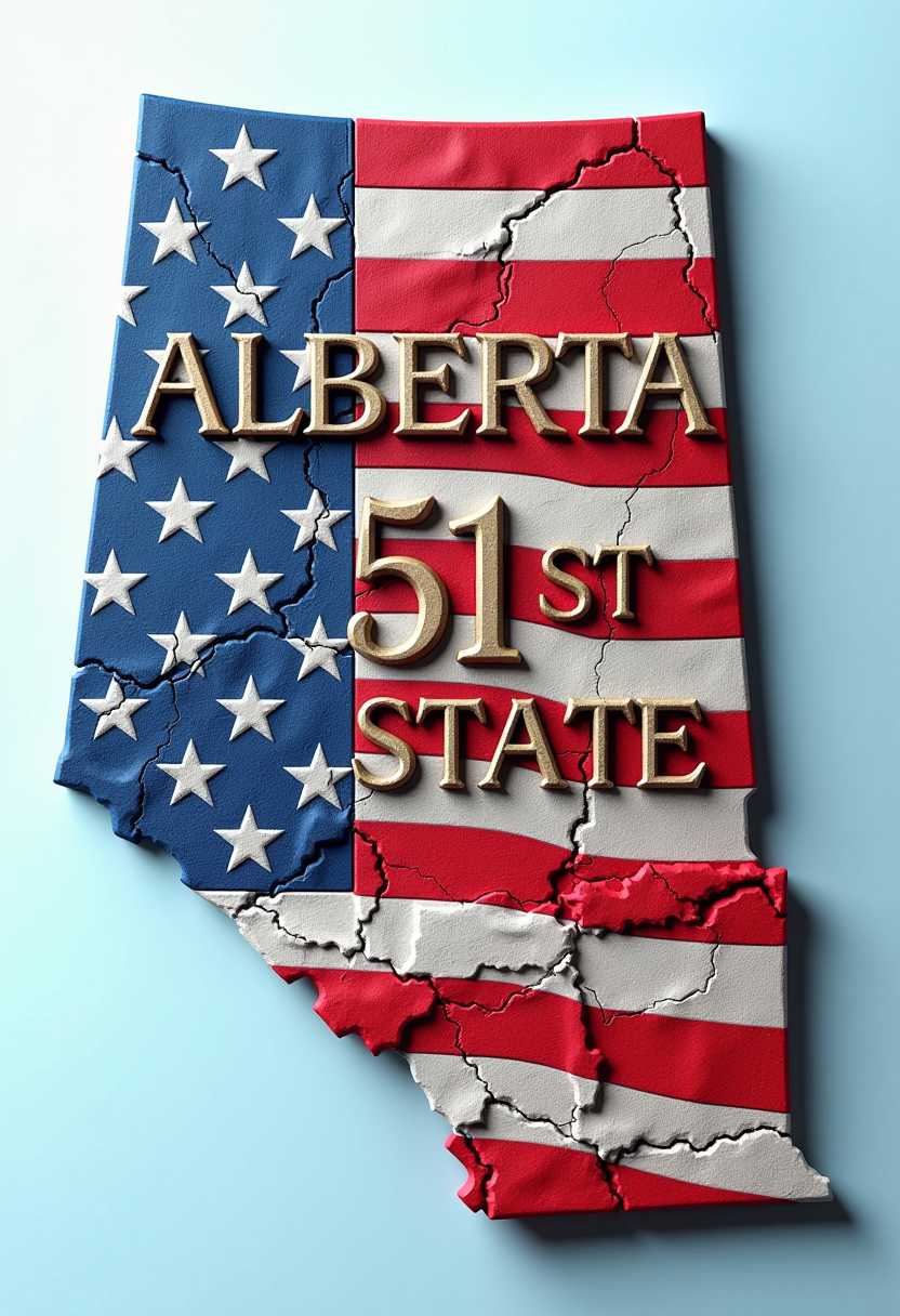 create a 3d map of Alberta showing of ALBERTA is a U.S. state and us flag, show the rockies, and calgary, edmonton as 3d icons, hd hyperrealism, photography, with the words in raised text "ALBERTA 51ST STATE"