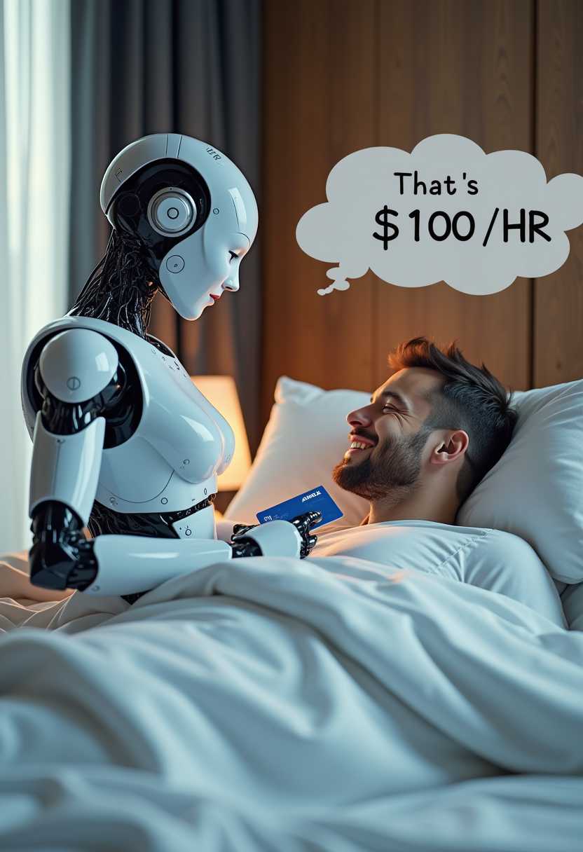 Create image of very beautiful AI robot woman in bed a happy man under the covers. The robot is charging his "AMEX" credit card, with a speech bubble "That's $100 /HR"