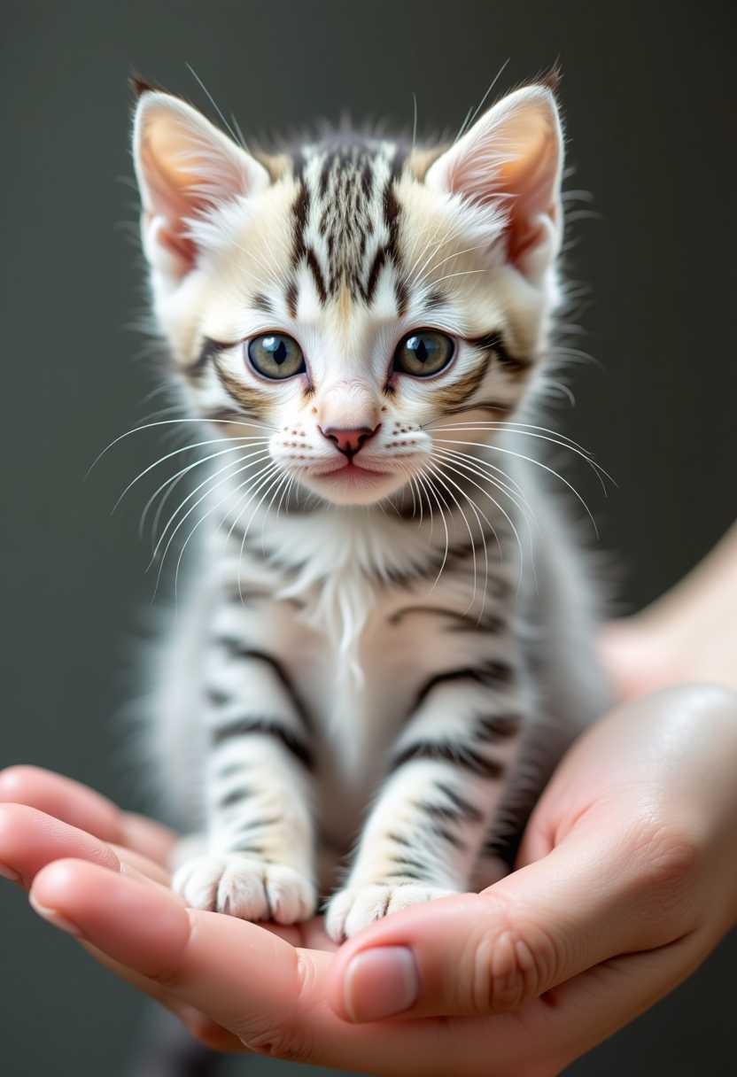 Create image of the cutest white kitten with many many black stripes like a striped zebra, sitting in the palm of a hand