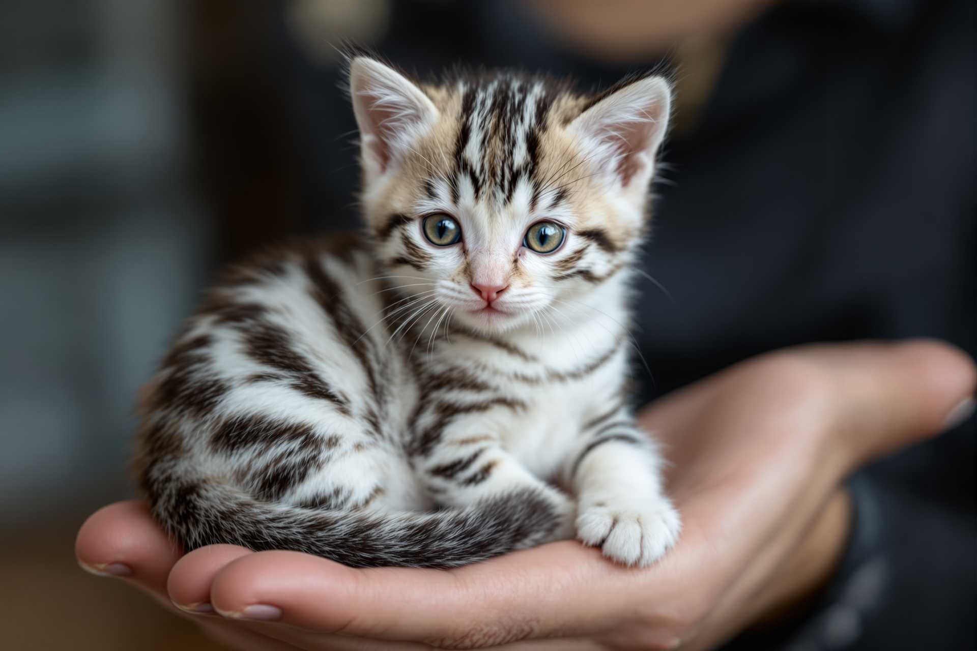 Create image of the cutest bleach white kitten with many many lots  black stripes like a striped zebra, sitting in the palm of a hand