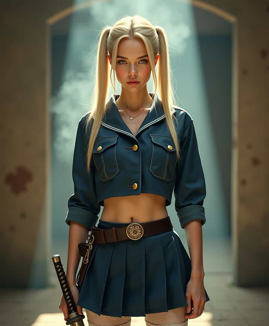 From a slightly low vantage point, the assertive blonde fighter stands poised in a steam-filled corridor, her long, pale hair pulled into two perfectly symmetrical pigtails that frame a youthful yet resolute face with full lips and softly arched brows. Photorealistic details catch the subtle sheen of perspiration along her forehead, contrasting with the porcelain-like smoothness of her complexion. Her piercing gaze, focused forward, reveals both confidence and a hint of vulnerability. She wears a cropped, navy-blue sailor-style top made of thick, textured cotton with brass-button accents on the collar, its sleeves rolled neatly to mid-forearm. Across her shoulders rests a matching short, utilitarian jacket, expertly tailored and adorned with discreet stitched patterns reminiscent of vintage military regalia. A slim, dark belt sits snugly at her waist, holding a holstered pistol that gleams with polished metalwork. Below it, a pleated skirt of the same navy hue sways just above mid-thigh, revealing white stockings with delicate lace trim that disappear into polished leather boots. In one hand, she grips an ornate katana, its steel blade gleaming amid drifting particles of dust and golden, low-hanging light. The entire scene exudes a dreamlike blend of fantasy and grit, every glimmer and shadow enhancing the cinematic allure of her fierce yet feminine stance.