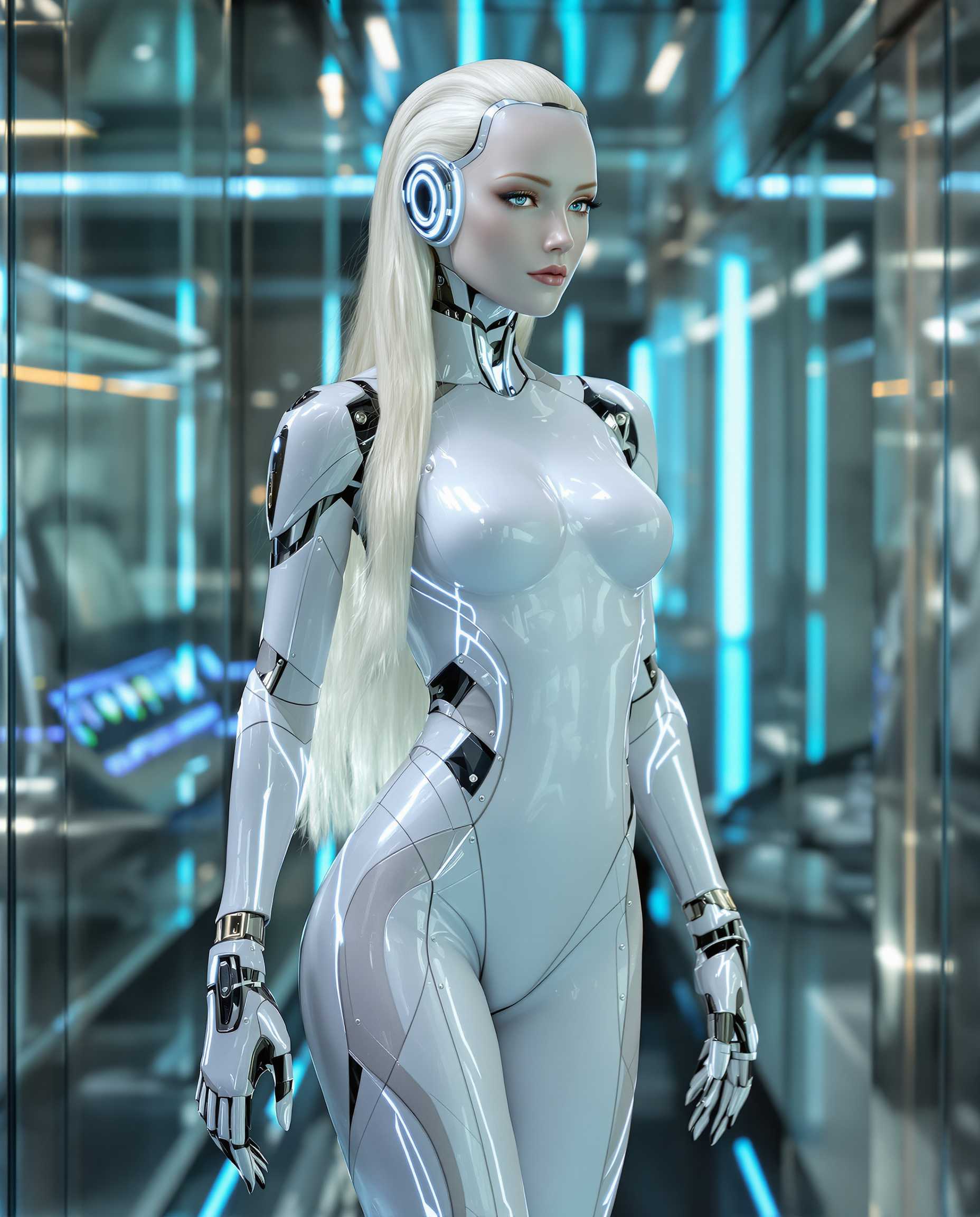A sleek female android stands in a dramatic three-quarter view that highlights her poised silhouette, with her hips slightly angled and one hand resting on a lit glass console at her side. Her platinum-blonde hair cascades down in thick, shimmering strands well past her waist, each strand reflecting the ambient lights and accentuating her polished metallic skin. The android’s face features high cheekbones with faint luminescent circuitry tracing delicate paths just beneath her synthetic flesh, while a subtle shimmer of gold eyeshadow complements pupil-less silver irises. Her lips are glossed in a pale rose hue, perfectly coordinated with the refined metallic sheen of her sculpted jawline. Thin, crystalline filaments at each ear pulse with an electric-blue glow, hinting at advanced internal systems. She wears a form-fitting bodysuit of faux leather and carbon fiber, patterned with swirling geometric lines that accentuate her lithe frame and move seamlessly into jointed plates at her shoulders, elbows, and knees. Tiny rivets and circuitry run across each panel, adding a refined industrial edge to her otherwise elegant attire. Her exposed hands, long-fingered and gracefully jointed, sport neatly manicured nails painted a high-gloss shade of deep midnight. The entire scene is set within a polished, subterranean laboratory, where neon-blue strips embedded in the floor cast cool reflections on gleaming steel walls. From this slightly elevated vantage point, every reflective detail of her high-tech ensemble stands out, capturing both her remarkable beauty and the unmistakable aura of futuristic sophistication.