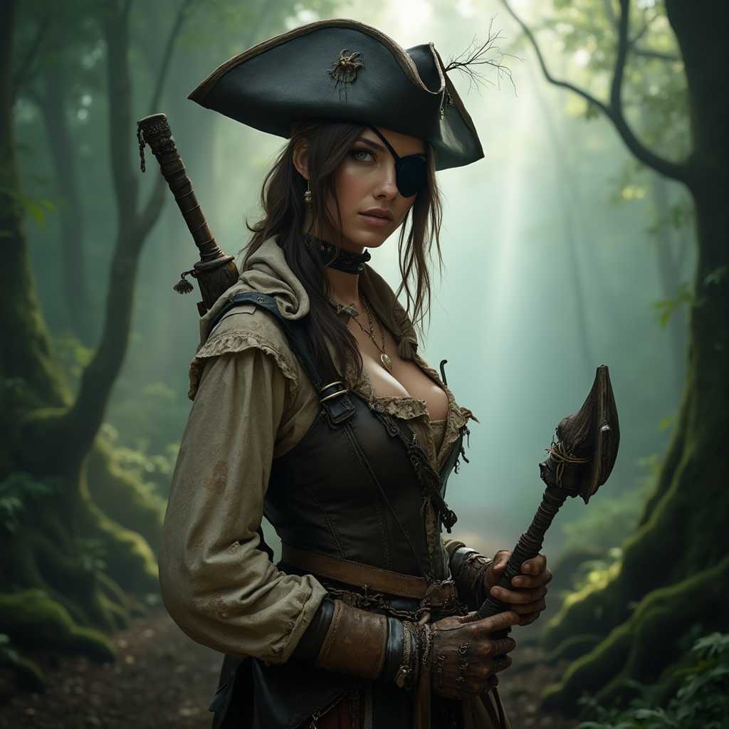 A sexy woman dressed as a buccaneer stands confidently, looking directly at the camera. her pirate hat, intriguingly modified with an antenna, complements the eye patch over one eye, adding an eccentric flair to his distinctive look. The rugged attire she wears, made from worn leather and tattered cloth, hints at countless adventures on the high seas. 

Instead of the darkness of a submerged space, the backdrop transforms into a foggy forest, where beams of sunlight pierce through the thick canopy, creating a serene yet foreboding atmosphere. The light highlights the textures of his clothing—rough and weathered—while casting shadows that dance across the forest floor. 

In one hand, she grips an ancient, wooden tool wrapped in cloth and leather, a weapon that speaks to his readiness for both battle and exploration. His intense expression conveys determination and alertness, as if she is prepared for whatever challenges lie ahead in the misty depths of the woods. 

The color palette of the scene is rich with natural earth tones—greens, browns, and grays—enhancing the realism of the moment. The composition captures every detail, from the intricate stitching of his outfit to the resolute lines of his face, emphasizing the character’s prominence against the slightly blurred backdrop of the enigmatic forest.