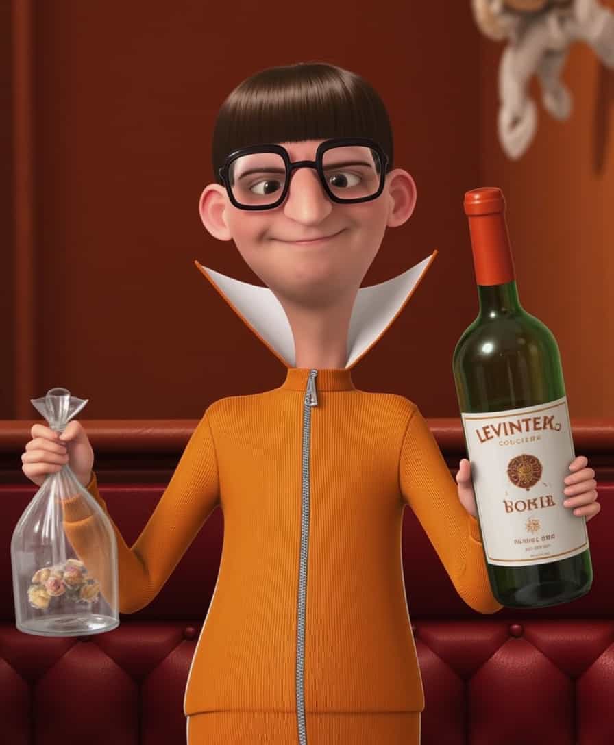 TOKVECDESPICTOR, holding a plastic bag in one hand and a wine bottle in the other hand