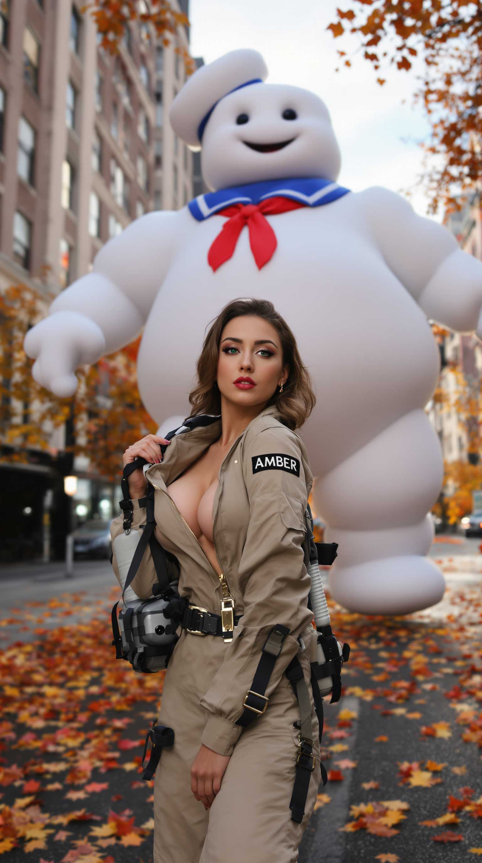 Create a detailed and visually rich depiction of a **Russian Brunette Female Ghostbuster**, with a **cute face** and a **36DD cleavage**. She's wearing the iconic **Ghostbusters Uniform Jumpsuit**, which is **unzipped down the center** to reveal her bustline. Hey body is angled towards the viewer. Her pose is seductive making the most of the workman-like jumpsuit. The **black patch** on her jumpsuit reads **"Amber"** in bold, white letters. 

- **Visual Details**: Her hair is styled in loose, natural waves, framing her face. The uniform has the classic Ghostbusters logo on the right side of her chest, slightly worn from use. Her skin has a soft, natural glow, and her eyes are a vibrant green, filled with determination. The zipper of her jumpsuit reflects light subtly, hinting at a recent encounter with a ghost.

- **Style**: Capture the scene in a **vibrant, cinematic style**, reminiscent of the original Ghostbusters films but with a modern twist, using a **wide-angle lens** to exaggerate the scale and atmosphere.

- **Composition**: She stands on a **New York street in Autumn**, with fallen leaves in shades of orange, yellow, and red scattered around her. The **giant Staypuff Marshmallow Man** is in the background, dancing with a playful, mischievous expression, his size dwarfing the cityscape. Amber is positioned slightly to the left, looking back over her shoulder at the camera, one hand on her proton pack, ready for action.

- **Mood and Atmosphere**: The mood is **lighthearted yet adventurous**, with the early evening light casting long shadows and highlighting the autumnal colors. The sky has a soft, sunset glow, creating a surreal yet cozy atmosphere. 

- **Technical Aspects**: Use **bokeh** to blur the background slightly, focusing on Amber while still allowing the viewer to appreciate the scale of Staypuff. Employ **soft focus** for the edges of the frame to give a nostalgic, filmic quality. 

- **Cohesion**: All elements combine to create a scene where the supernatural meets the everyday, with Amber's confident and playful demeanor grounding the fantastical elements of the Ghostbusters universe in a familiar New York setting.