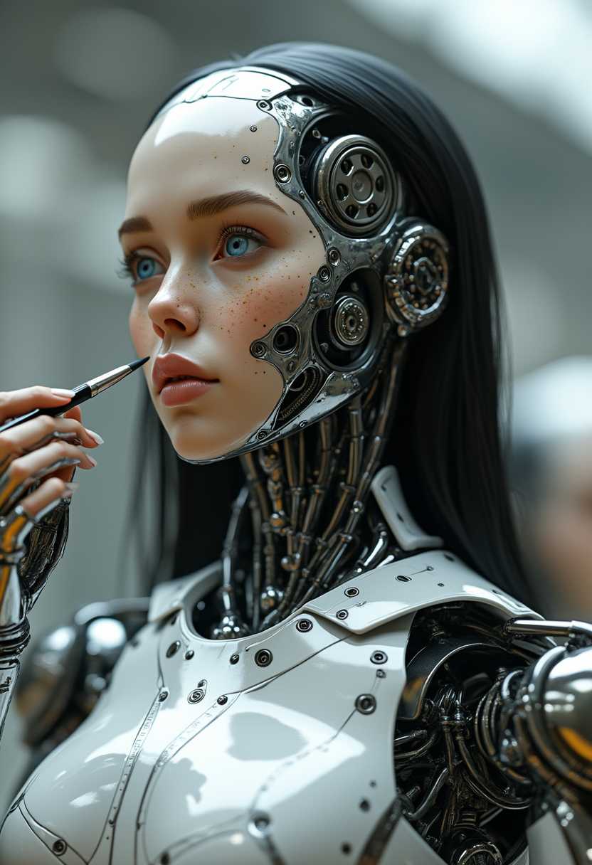 A hyper-realistic female robot with a sleek, polished metallic exterior,  long black straight hair, blue eyes, freckles, featuring intricate gears and circuits beneath (transparent 2.3) panels. The robot’s limbs and torso exhibit a high level of detail, conveying a sense of advanced technology and precision engineering.  She is painting a human face on her robot face, using a paintbrush.  She is just adding the eyebrows