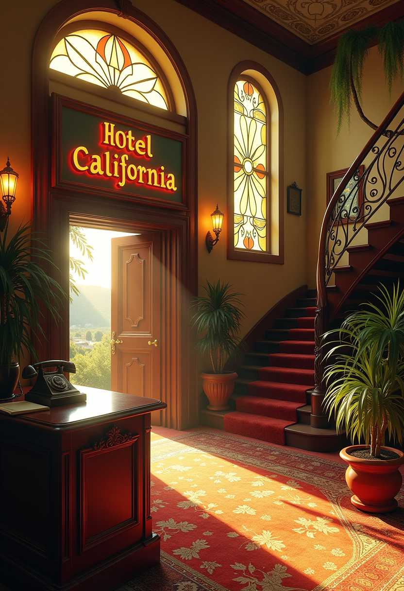 **Welcome to the Hotel California**: Envision a grand, surrealist hotel lobby that evokes the mystique and allure of the 1970s. The scene is bathed in a golden hour light, with rays filtering through large, stained-glass windows casting a warm, nostalgic glow across the room. 

- **Visual Details**: The hotel's interior features ornate, baroque-inspired decor with rich textures like velvet and damask. The colors are predominantly deep reds, golds, and dark woods, creating a luxurious yet slightly eerie atmosphere. The lobby is filled with lush, potted plants, giving a sense of overgrowth and timelessness. 

- **Artistic Style**: The composition should reflect the surrealism of Salvador Dalí, where objects and proportions are slightly distorted, giving a dream-like quality to the scene. 

- **Composition**: The camera is positioned at a wide angle, capturing the grandeur of the lobby. The main entrance door is slightly ajar, inviting the viewer into the scene. A winding staircase ascends to the right, leading to unseen upper floors. In the foreground, a vintage check-in counter with an old-fashioned rotary phone, a guest book, and a bellhop's bell.

- **Mood and Atmosphere**: The ambiance is one of timelessness, with an undercurrent of mystery and intrigue. The air is filled with the faint sound of a Spanish guitar, enhancing the feeling of being in a place where time stands still.

- **Technical Aspects**: Utilize techniques like selective focus to highlight key elements like the sign above the reception desk, "Hotel California," in ornate, cursive script. The depth of field should create a sense of depth, with the lobby stretching back into shadows, hinting at endless rooms and corridors.

- **Cohesion**: Every element, from the soft lighting to the intricate patterns of the decor, should contribute to a scene that feels both welcoming and enigmatic, capturing the essence of a place where you can check out any time you like, but you can never leave.