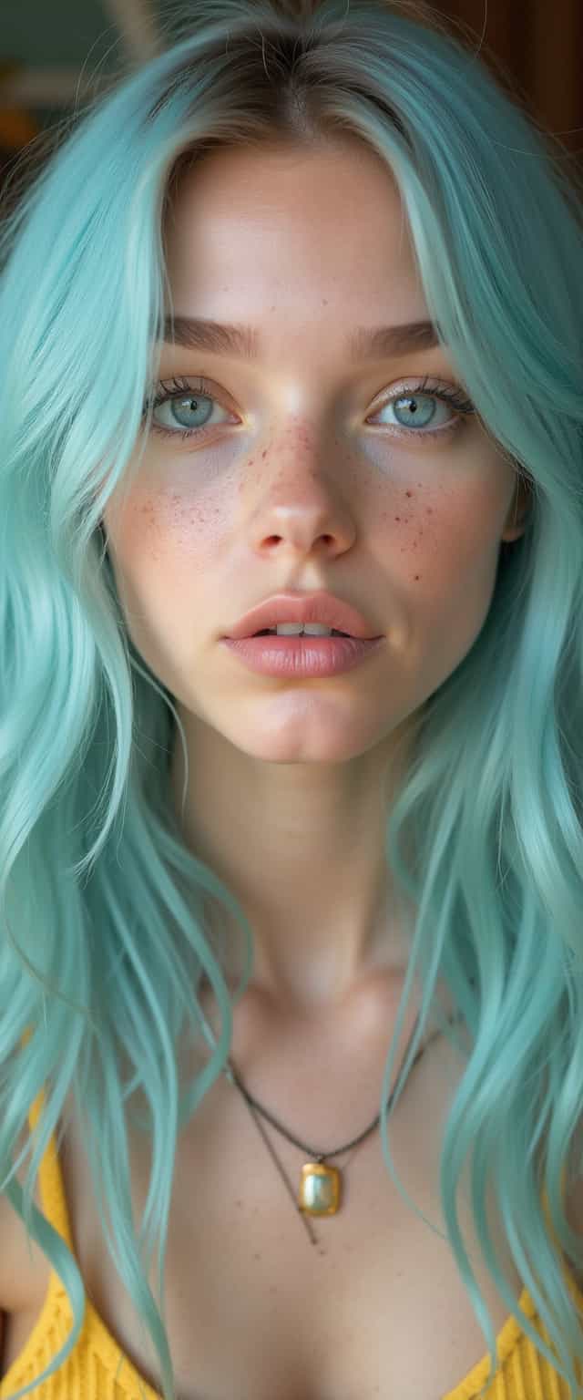 Photo of a young woman with pastel blue hair, natural-looking, yellow eyeshadow, pale skin, light freckles, pastel colors 