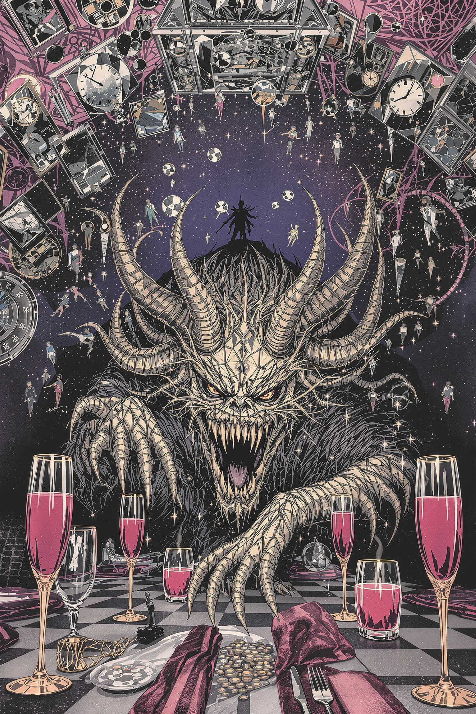 Mirrors on the ceiling, the pink champagne on ice
And she said, "We are all just prisoners here of our own device"
And in the master's chambers, they gathered for the feast
They stab it with their steely knives, but they just can't kill the beast