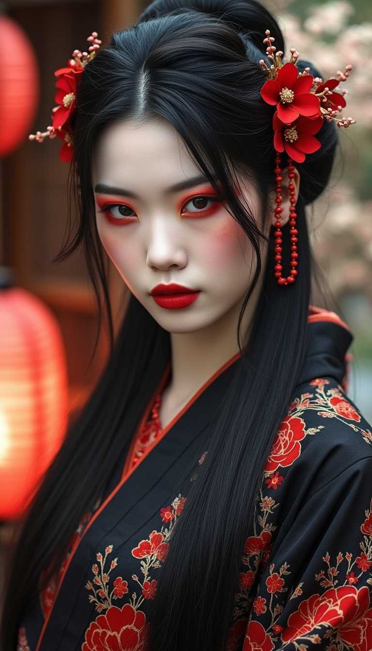 Create a close-up portrait of a woman with long, sleek black hair, adorned with vibrant red flowers and delicate hairpins. Her striking crimson eyeshadow and deep red lipstick contrast dramatically with her pale, porcelain skin, creating a bold, intense look. She wears a traditional black kimono featuring intricate red floral patterns, with detailed textures and fine embroidery that add depth to the fabric. Her focused, intense gaze directly meets the viewer, exuding confidence and mystery. The background is softly blurred, suggesting a traditional Japanese setting with elements like bamboo, paper lanterns, or delicate architecture, further enhancing the depth and cultural richness of the scene. 