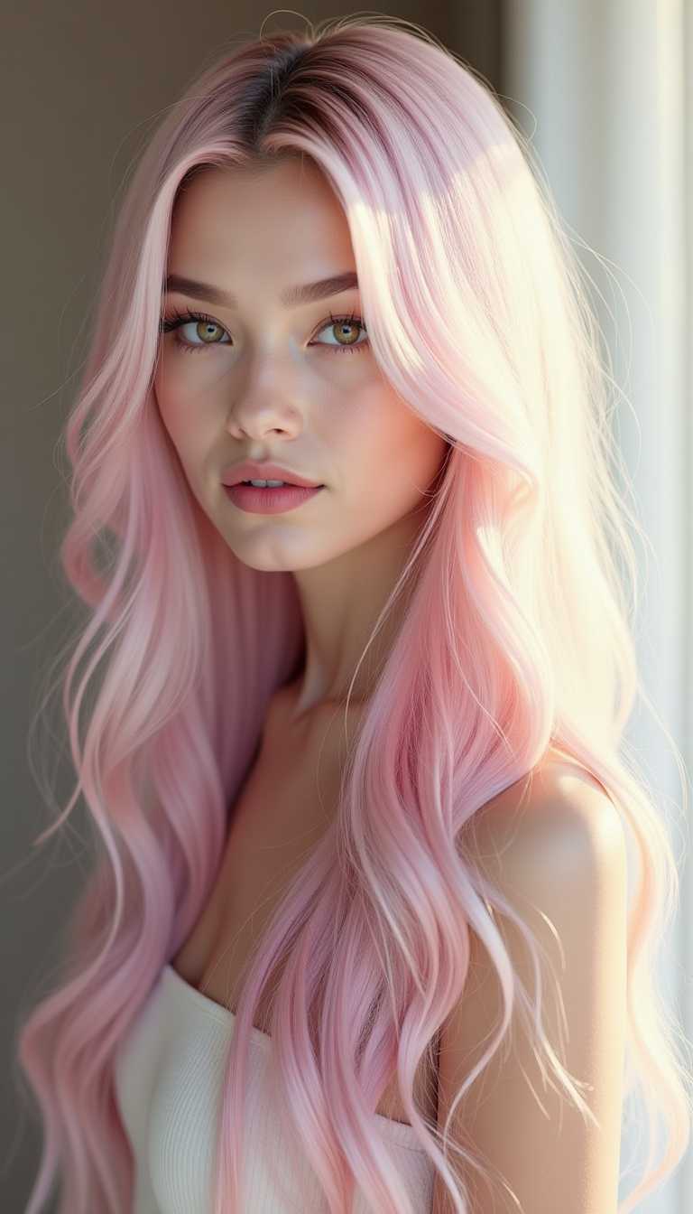 Create a realistic three-quarter portrait of a woman with long, cascading hair that flows naturally. The hair features a smooth gradient, starting with a soft pastel pink near the roots and gradually transitioning into a frosty white at the tips. Each strand is intricately detailed, catching the light to create a soft, luminous glow that adds texture and dimension. Her face is partially hidden behind the voluminous hair, giving her a sense of mystery, while her flawless, glowing complexion and understated makeup accentuate her delicate, refined features. The background should consist of a softly blurred modern interior, with neutral tones like beige, taupe, and soft grays, ensuring the vibrant hair is the primary visual focus, with the gentle glow of natural light filtering through the scene. 