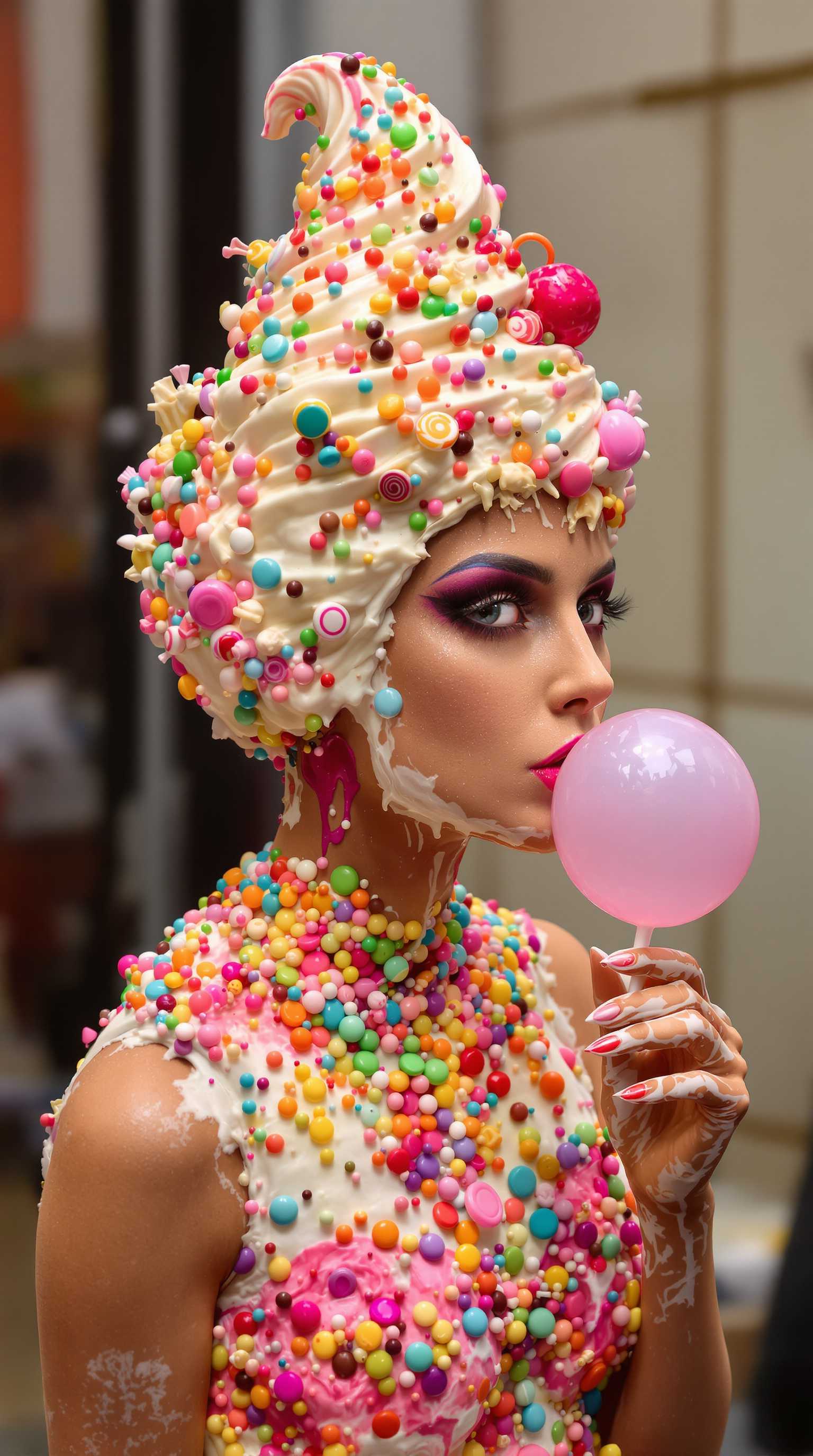 beautiful lady made of an ice cream , her body , face and head texture is an ice cream her head covered in candies and lolipops,blows a gum bubble,  aesthetic picture without artifacts 