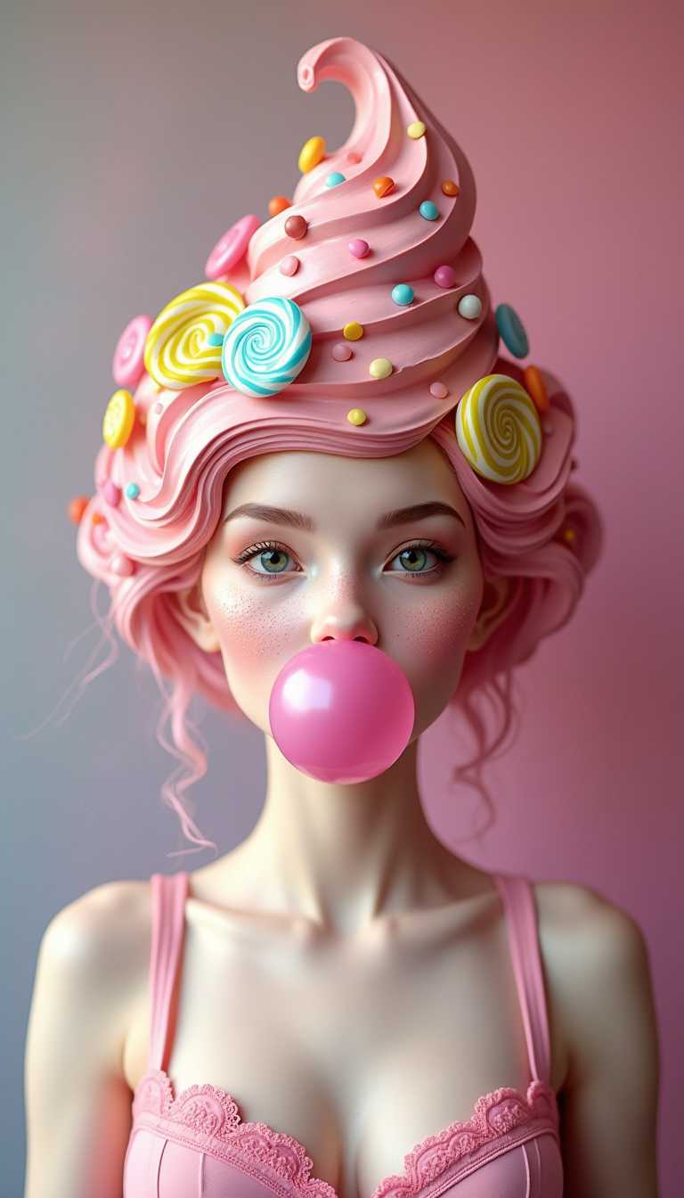 beautiful lady made of an ice cream , her body , face and head texture is an ice cream her head covered in candies and lolipops,blows a gum bubble,  aesthetic picture without artifacts  