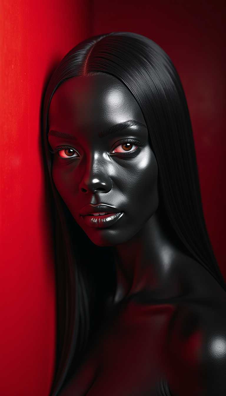 girl in black latex partially covered by red paint 