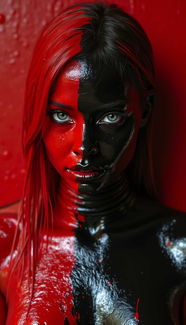 girl in black latex partially covered by red paint 