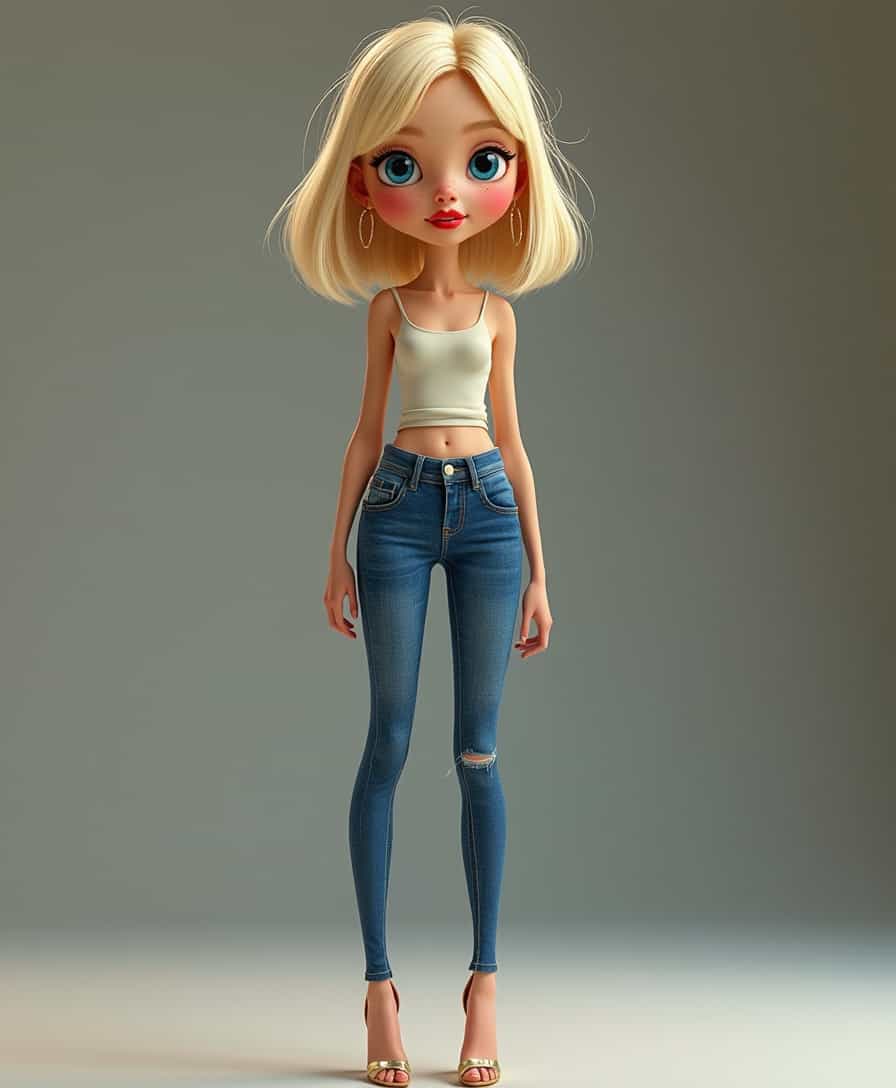 Pixar Style, 8k, high resolution, professional full-length body portrait photograph of a blonde french bob with full bangs hairstyle, skinny fashion model with a girl's face, red plump lips, big blue eyes, freckles on the face, wearing high heels stilettos, big hoop large size earrings, and blue skinny jeans.