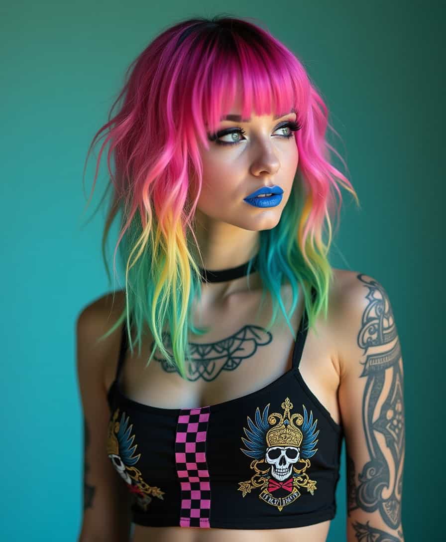 A half-body portrait of a 24-year-old alternative fashion model, showcasing vibrant rainbow hair styled in an edgy undercut with long, flowing sides. The hair features a stunning gradient from hot pink to electric blue to neon green. Her dramatic makeup includes bold blue lipstick and sharp winged eyeliner, enhancing her striking features. She wears a black crop top adorned with a checkered pattern and skull design. Her visible arm tattoos, featuring intricate ancient ornaments, add to her unique style and cultural depth. The scene is illuminated by studio lighting, with a soft bokeh background that enhances the ultra-detailed fashion photography aesthetic, capturing the essence of contemporary alternative fashion in stunning 8K quality.
