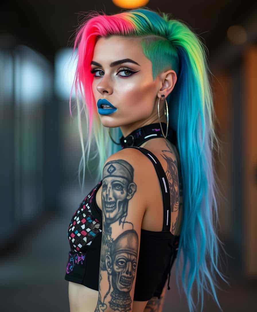 A half-body portrait of a 24-year-old alternative fashion model, showcasing vibrant rainbow hair styled in an edgy undercut with long, flowing sides. The hair features a stunning gradient from hot pink to electric blue to neon green. Her dramatic makeup includes bold blue lipstick and sharp winged eyeliner, enhancing her striking features. She wears a black crop top adorned with a checkered pattern and skull design. Her visible arm tattoos, featuring intricate ancient ornaments, add to her unique style and cultural depth. The scene is illuminated by studio lighting, with a soft bokeh background that enhances the ultra-detailed fashion photography aesthetic, capturing the essence of contemporary alternative fashion in stunning 8K quality.
