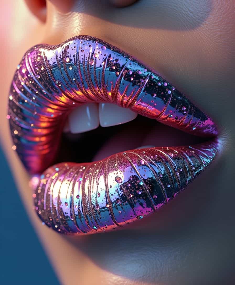 professional 3d model A close-up portrait of lips, captured from a front view, crafted from shiny, colorful metallic material that reflects light in a mesmerizing way. The surface shimmers with iridescent hues, creating a dynamic interplay of colors reminiscent of a futuristic aesthetic. The lips are adorned with intricate patterns and textures, enhanced by sparkling diamonds meticulously glued to both the lips and surrounding skin, adding a touch of luxury and glamour. Surrounding the lips, vibrant splashes of paint and surreal elements evoke the flamboyant style of David LaChapelle, while the sleek, hyper-realistic finish pays homage to Hajime Sorayama. The background features a soft-focus gradient, amplifying the visual impact and drawing attention to the striking metallic lips.
 octane render, highly detailed, volumetric, dramatic lighting